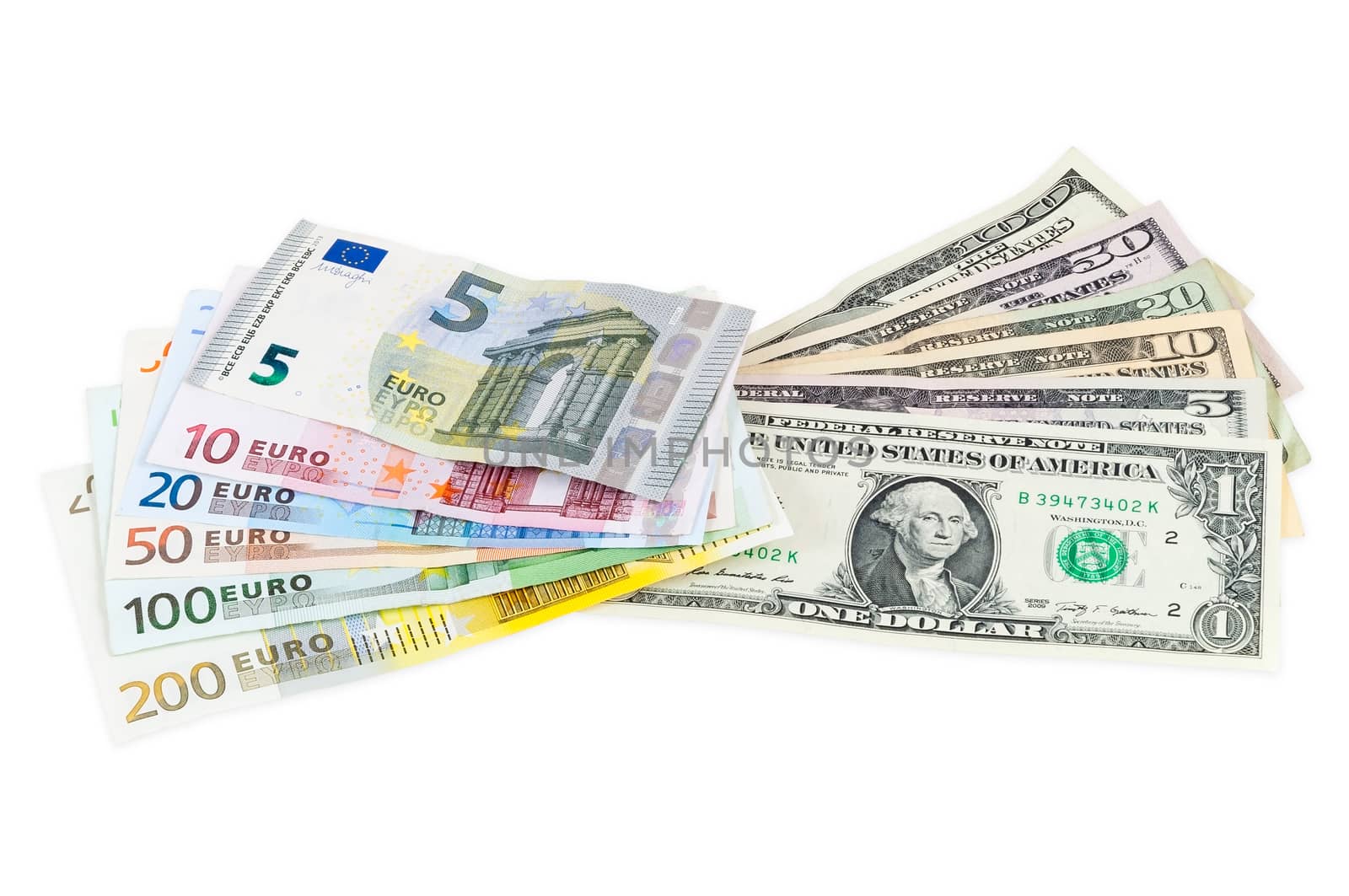 Dollar and euro banknotes isolated on white background with clipping path