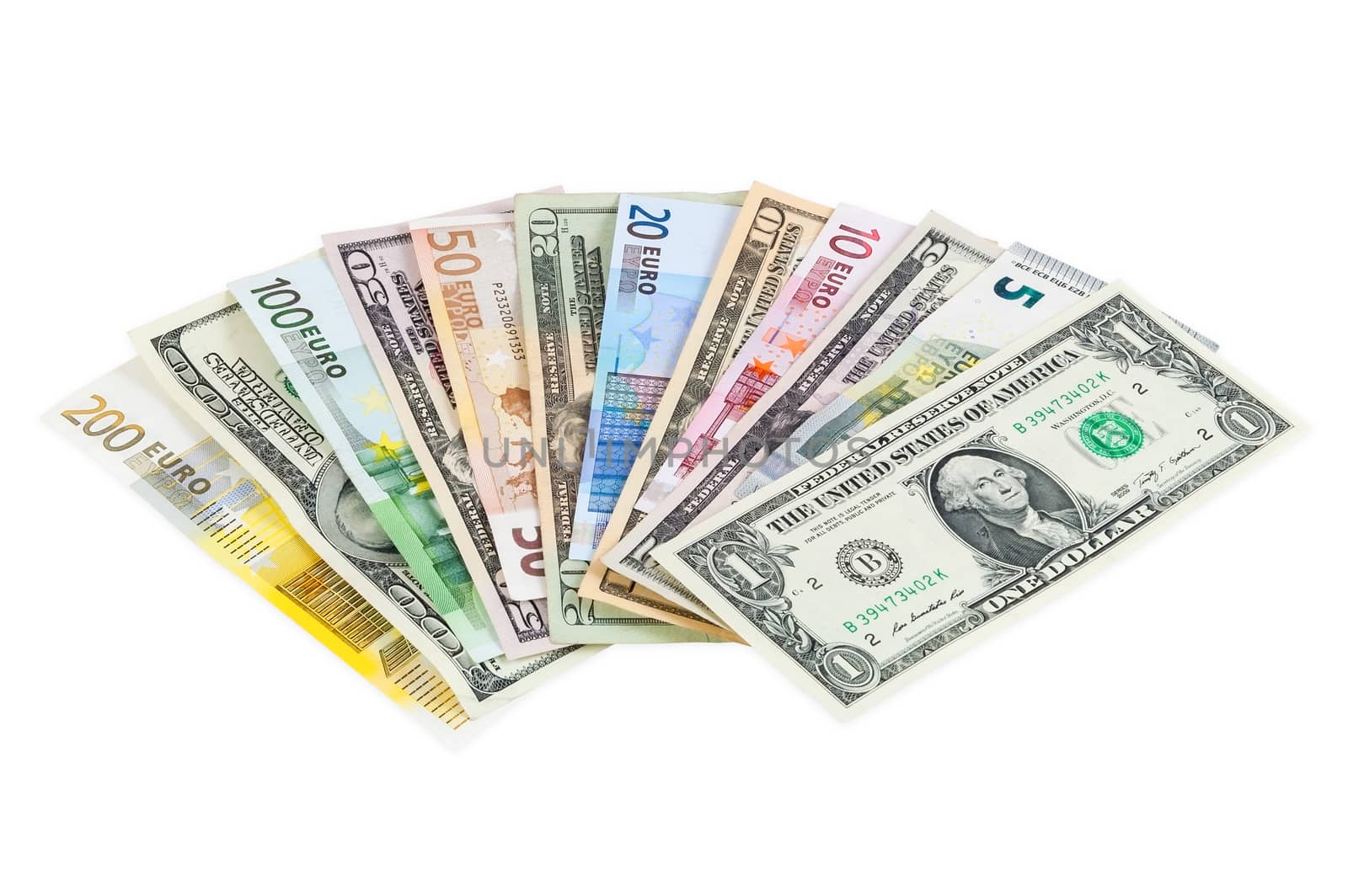 Dollar and euro banknotes isolated on white background with clipping path