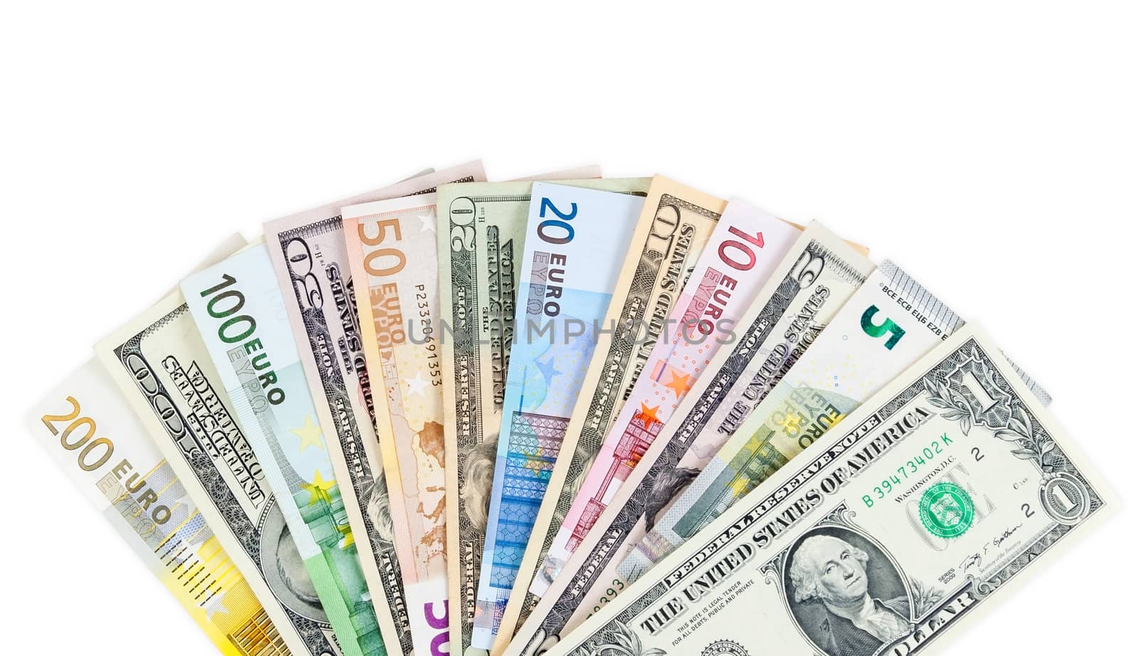 Dollar and euro banknotes isolated on white background with clipping path