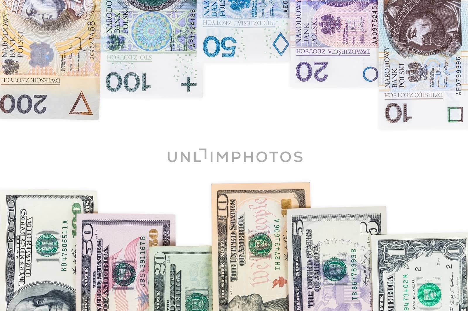 Dollar and polish zloty banknotes isolated on white background with clipping path