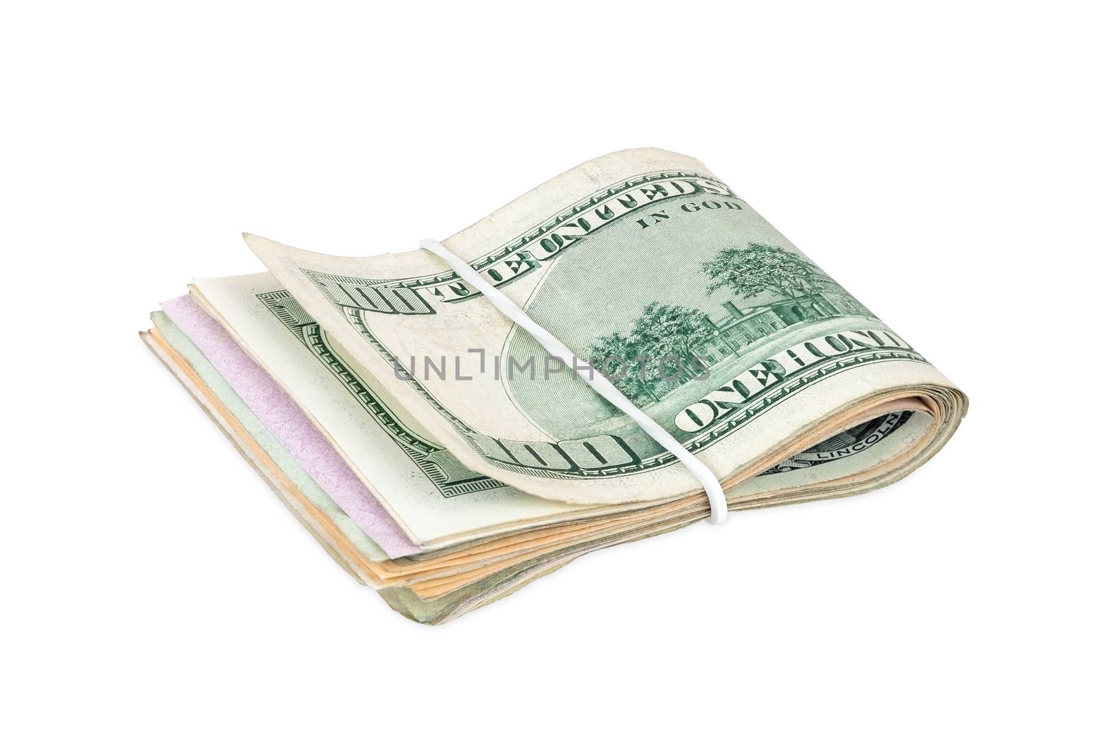 Dollar bills tied with a rubber band isolated on white background with clipping path