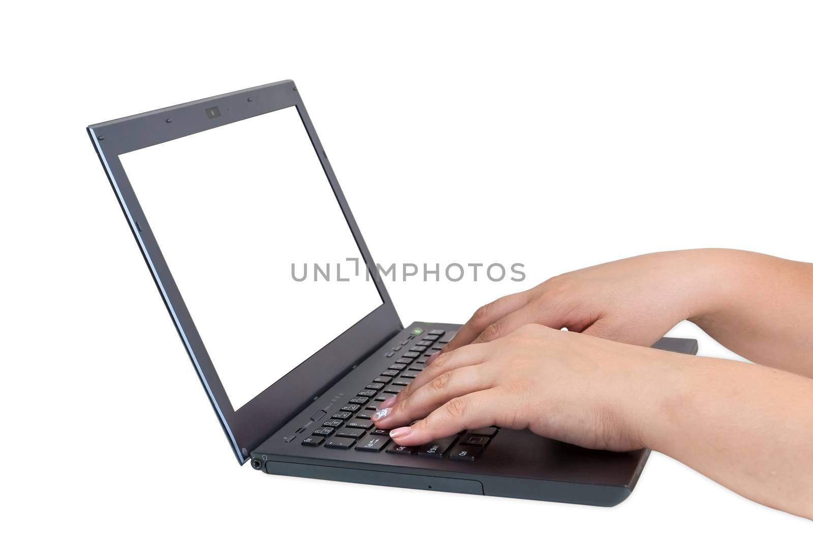 Female hands working on laptop isolated on white background with clipping path