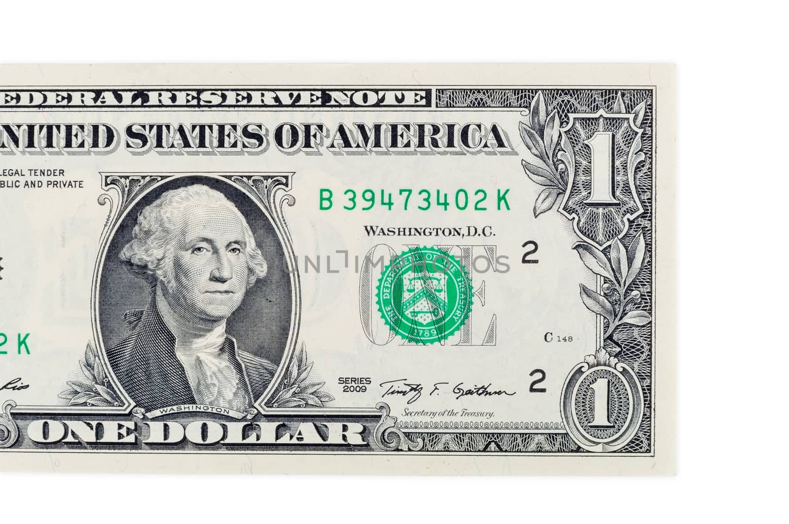Part of one dollar banknote isolated on white background with clipping path
