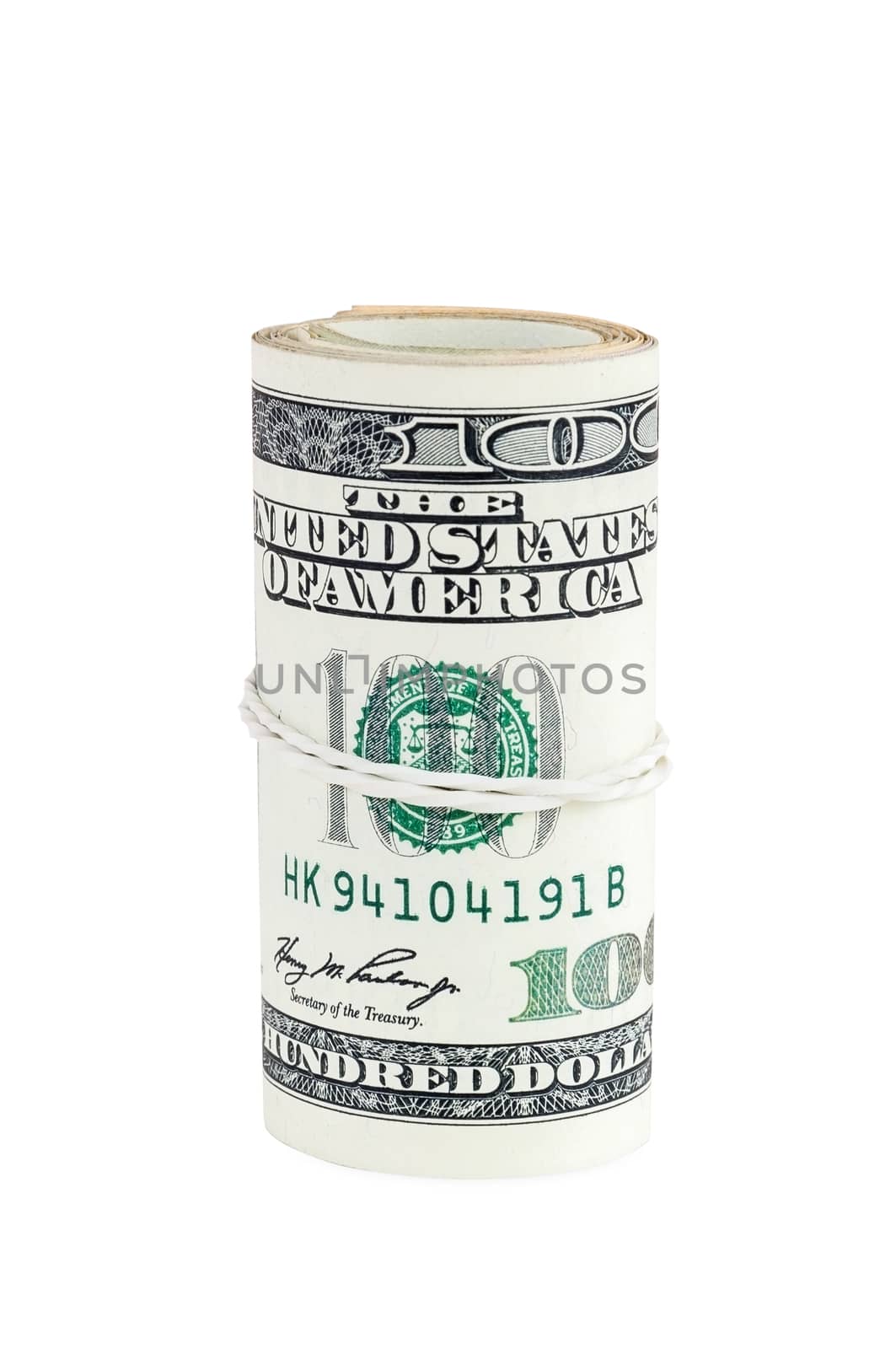Rolled banknotes of 100 dollars isolated on white background with clipping path