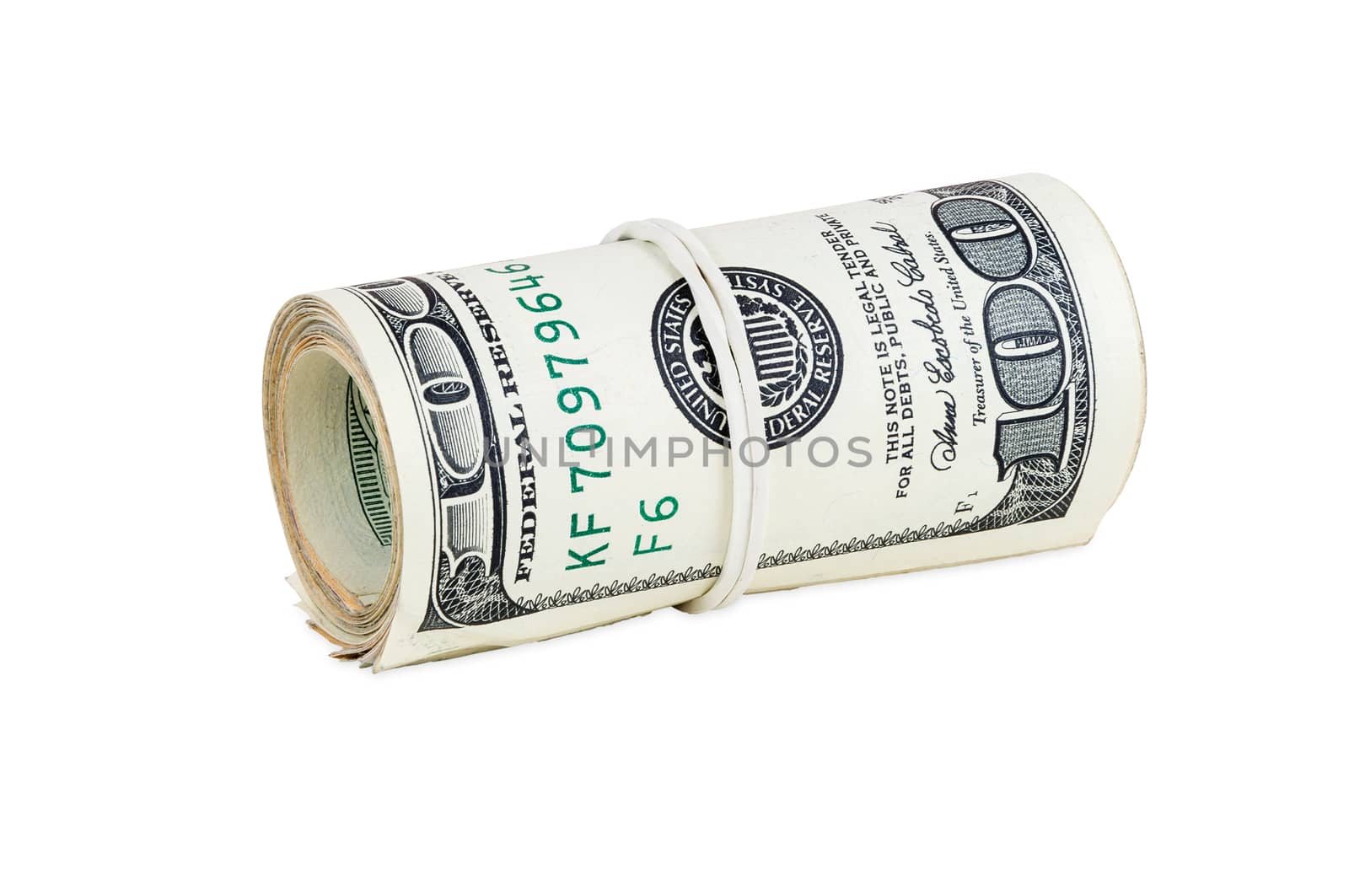 Rolled banknotes of 100 dollars isolated on white background with clipping path