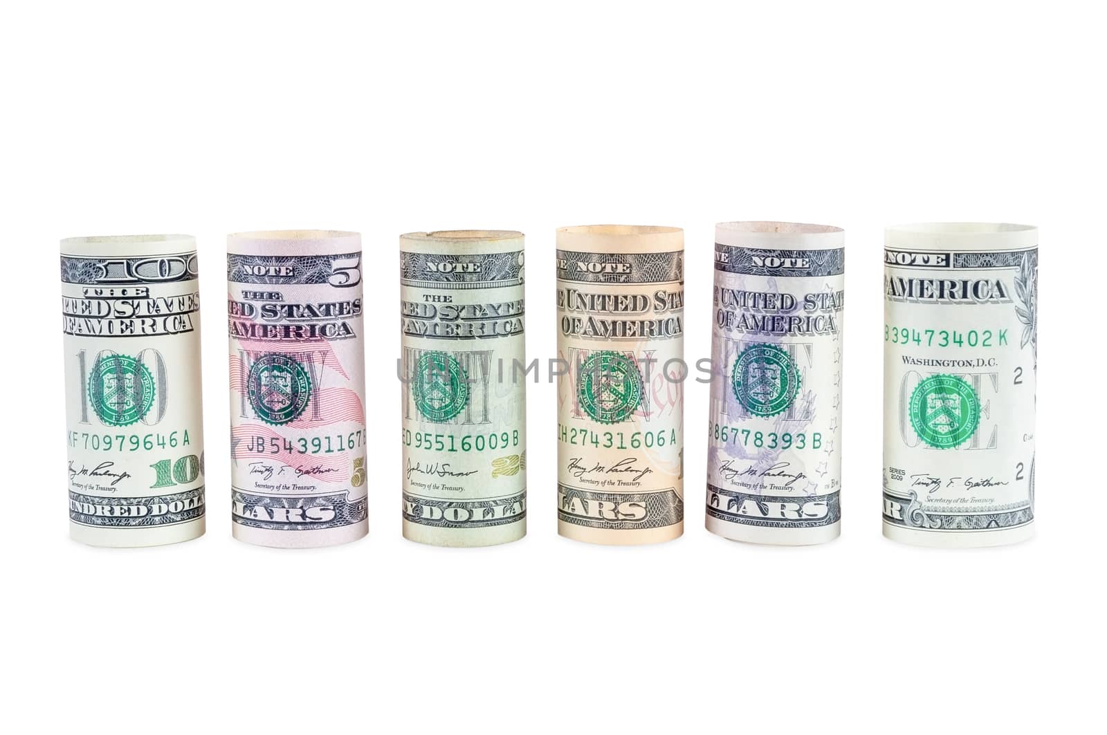 Rolled dollar banknotes isolated on white background with clipping path