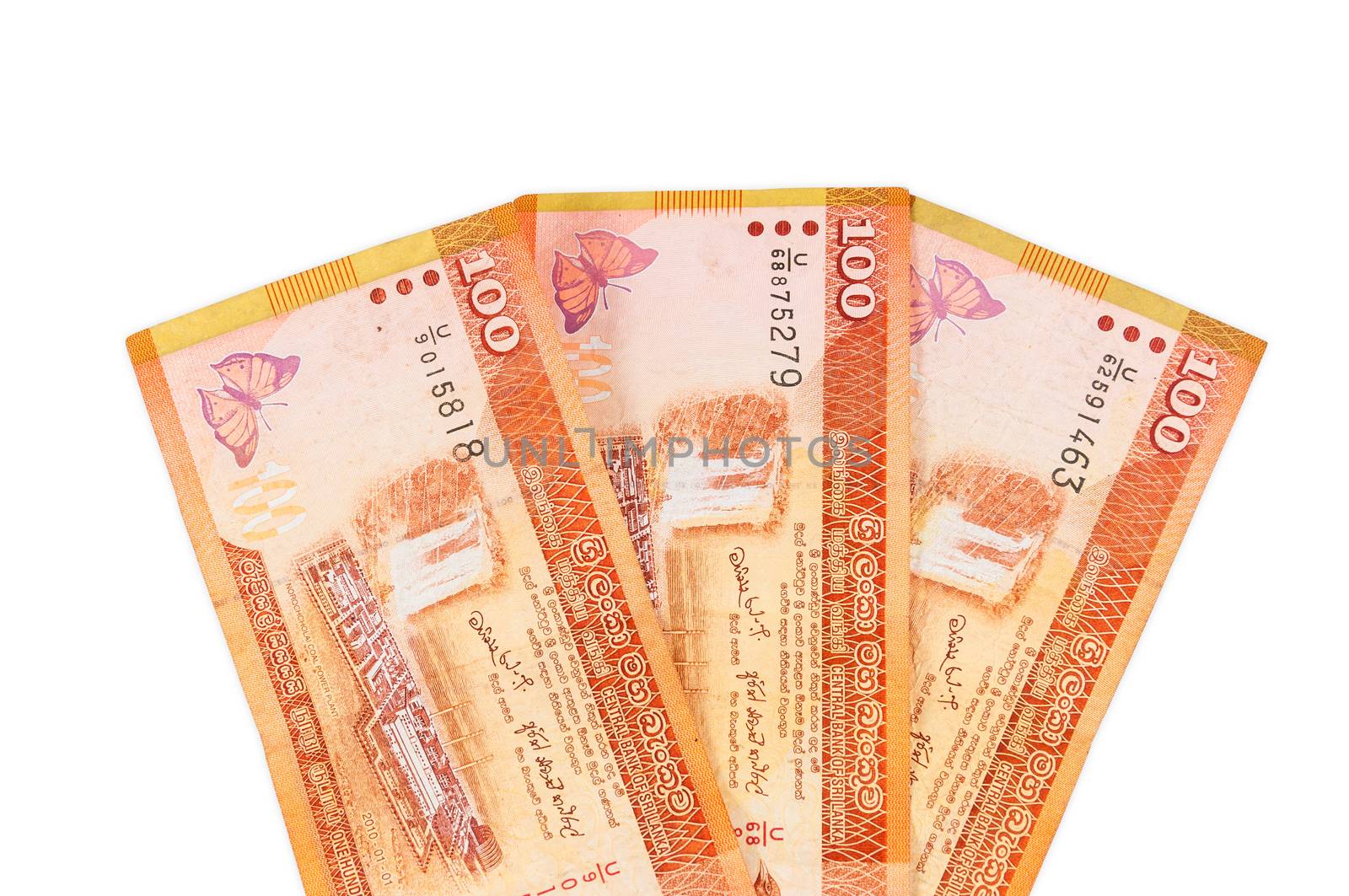 Sri lankan banknotes of 100 rupees isolated on white background with clipping path