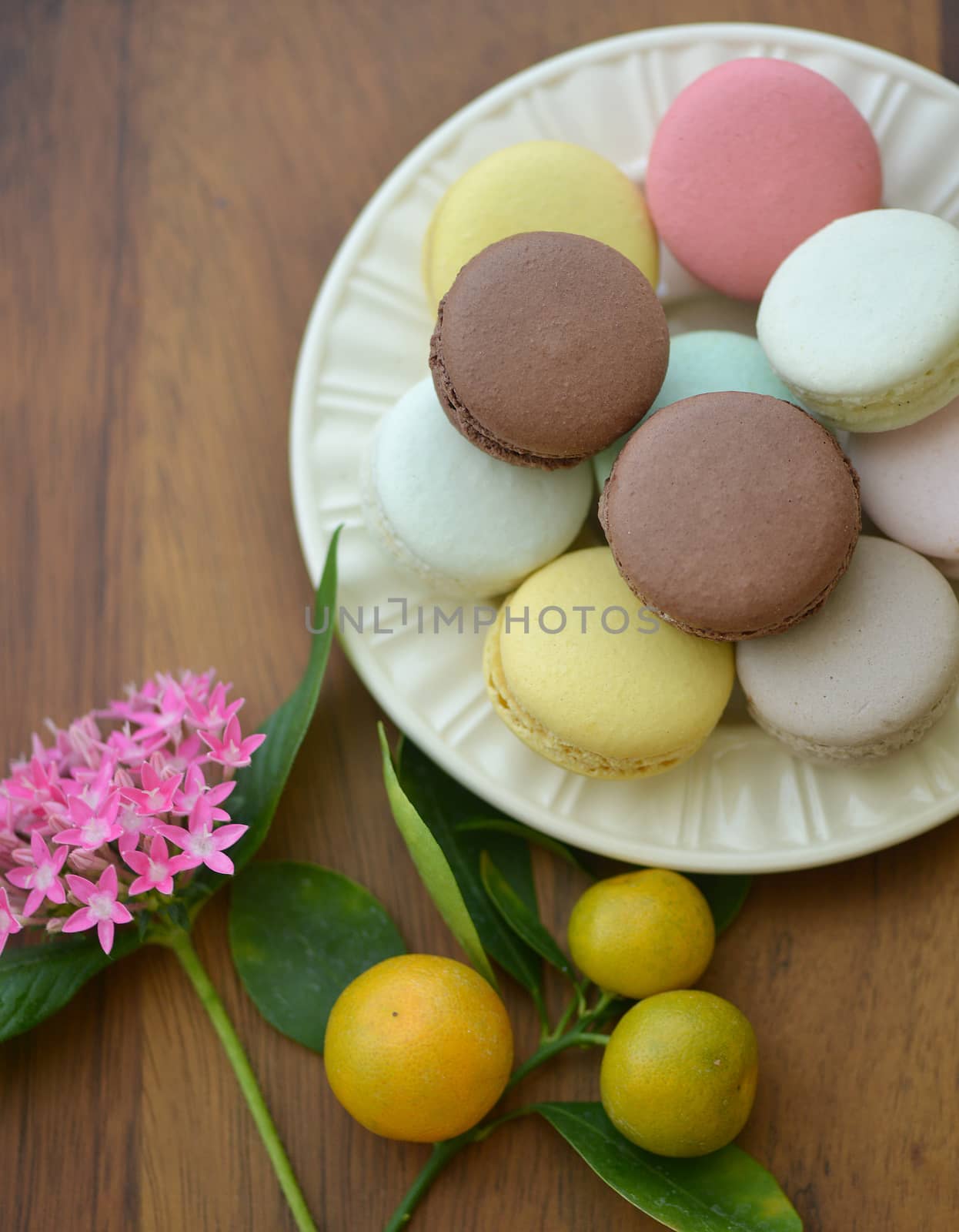 French colorful macaroons isolated on wood by ohhlanla