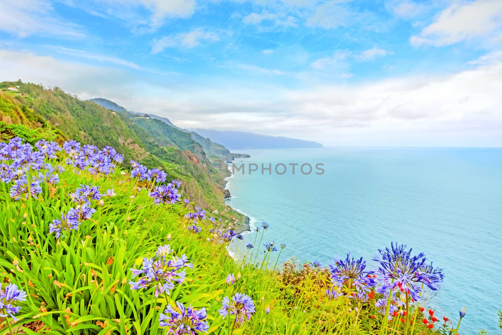 View of beautiful mountains and ocean on northern coast near Sao Jorge, Madeira island, Portugal