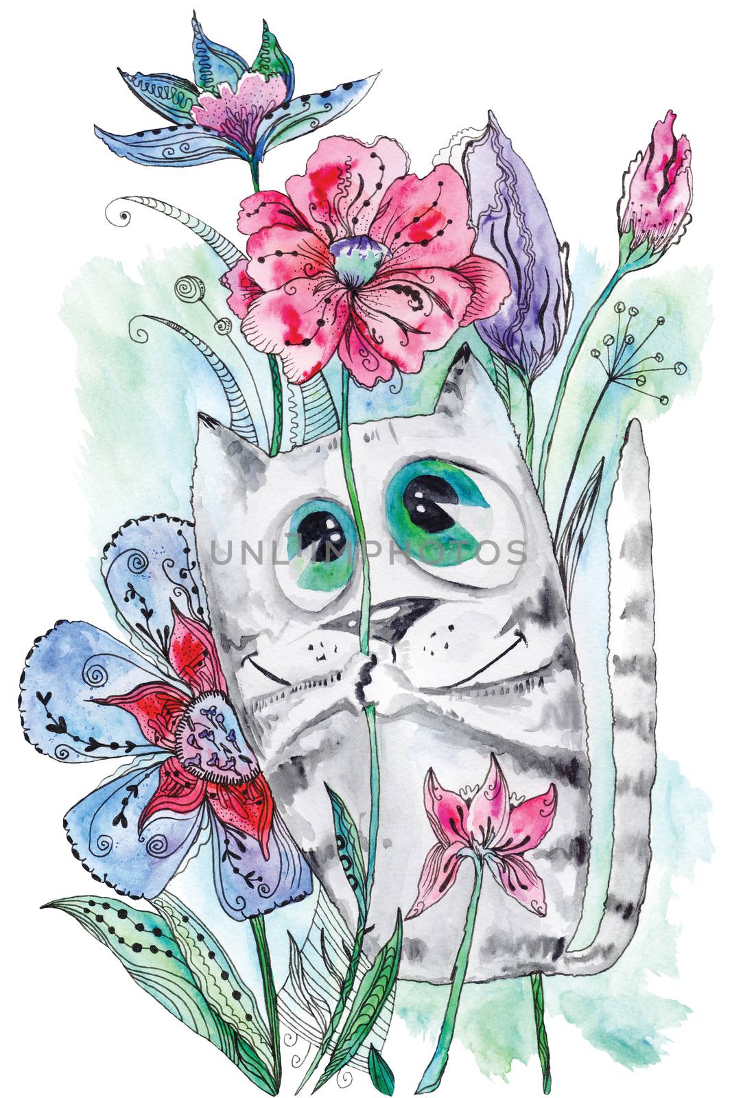 Summer illustration with kitten with large eyes holding poppy among magic flowers on white background