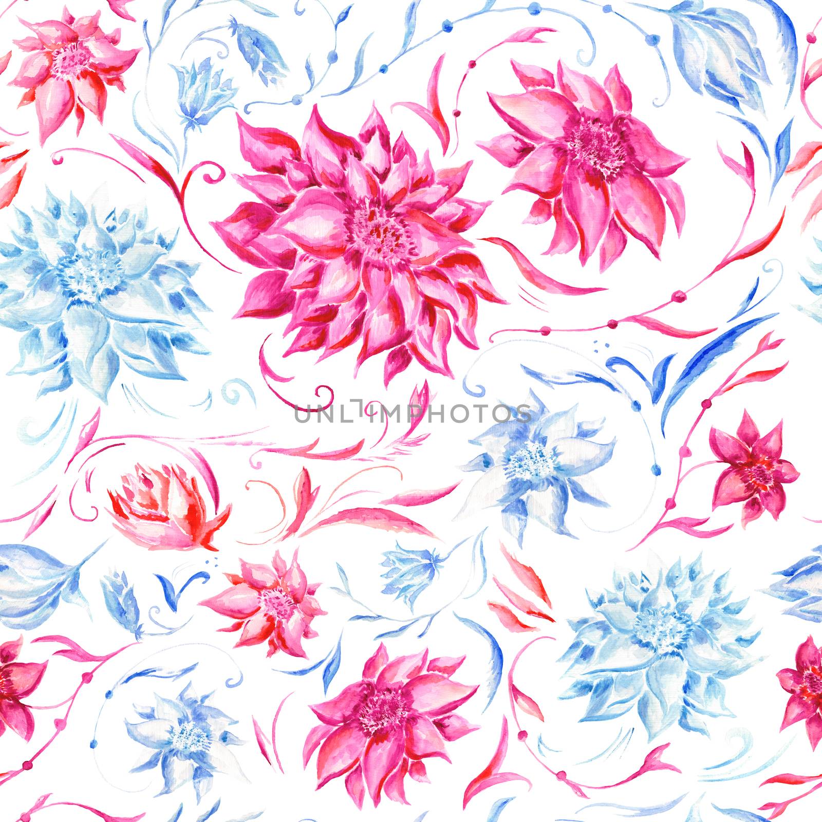 Seamless texture with pink and blue hand-painted flowers for textile design