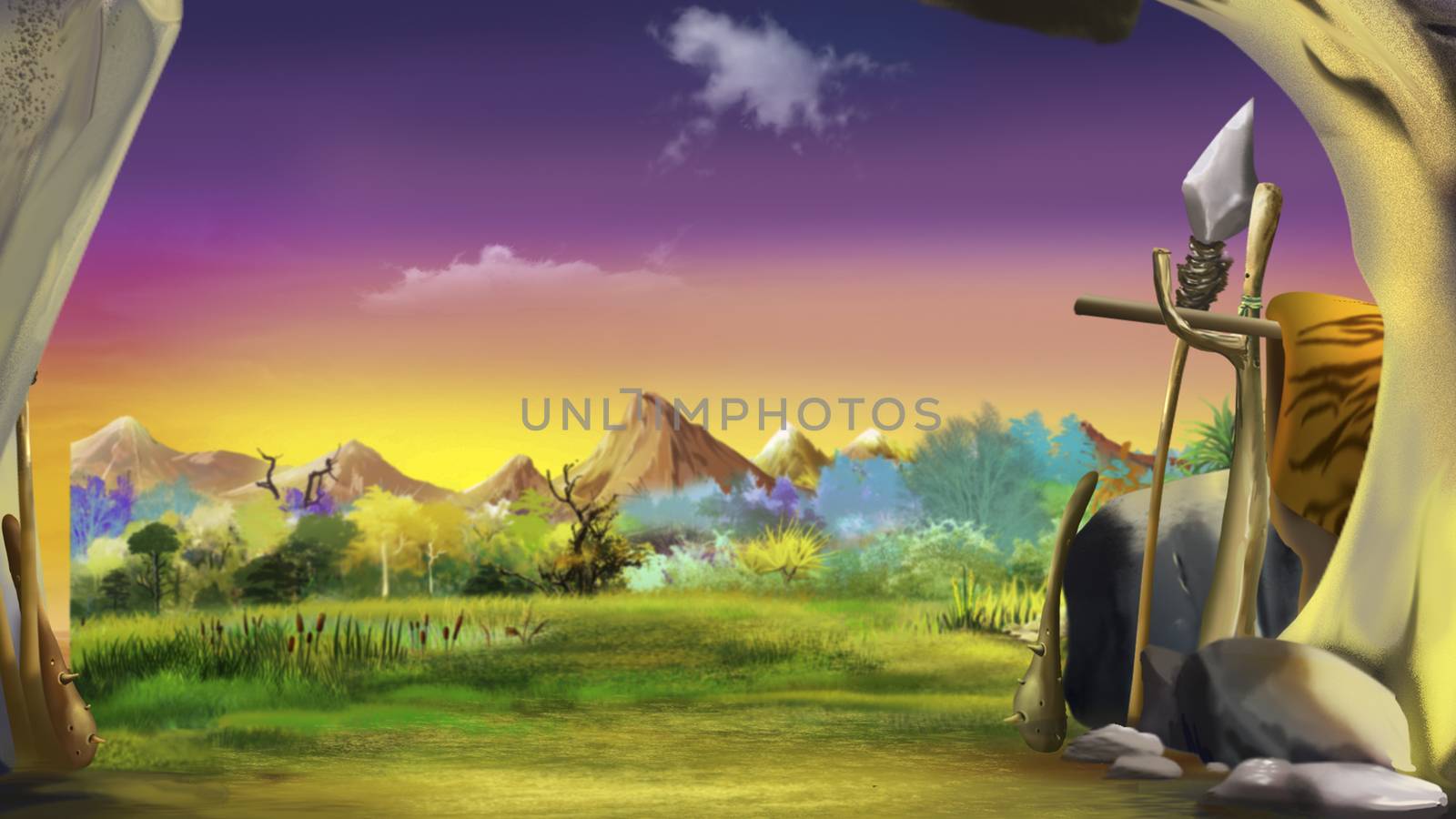 Digital painting of the Cave of prehistoric human. Landscape with trees