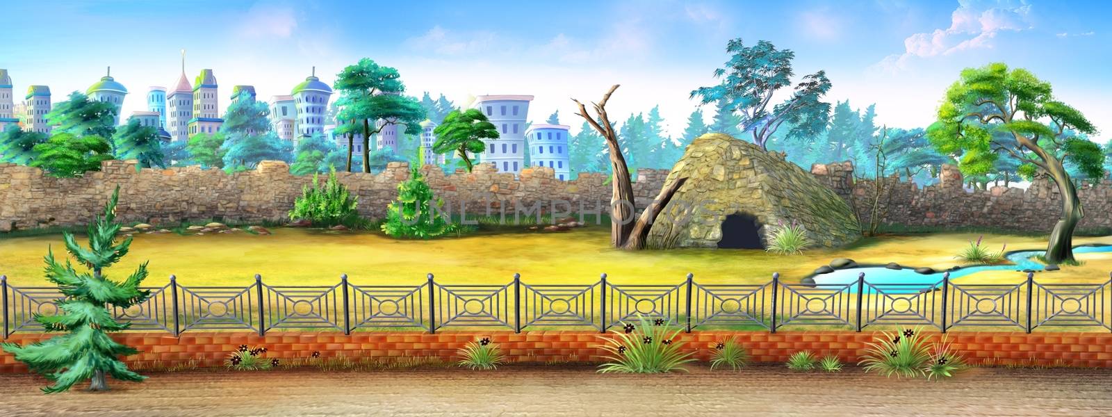 Digital painting of the City Zoo with fence, trees and small animal house.