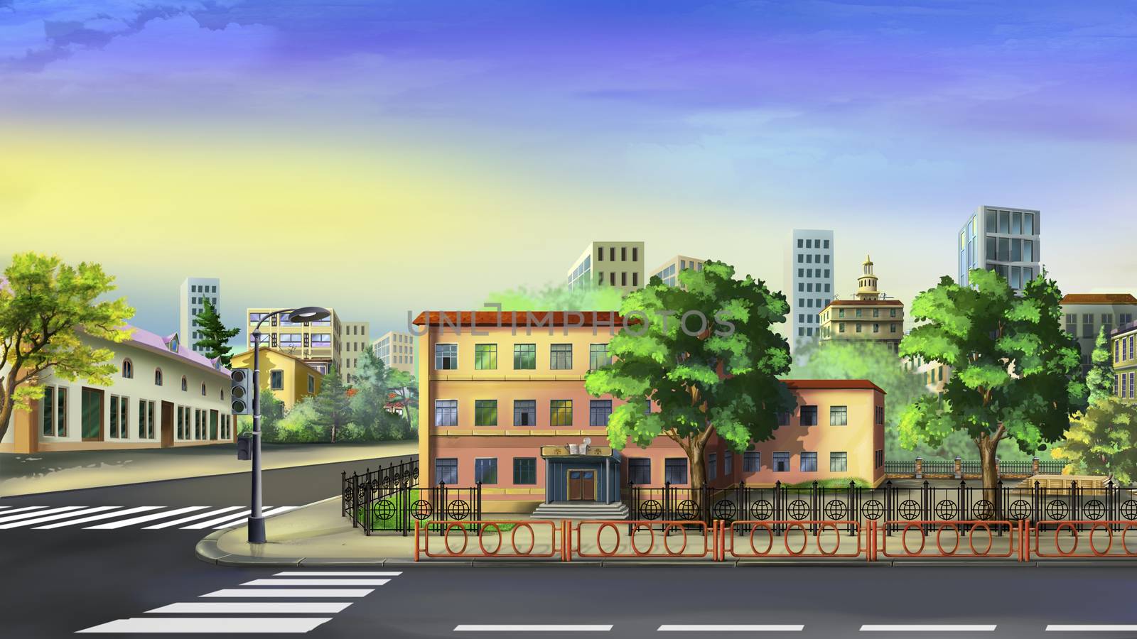 Digital painting of the cityscape in a summer morning.