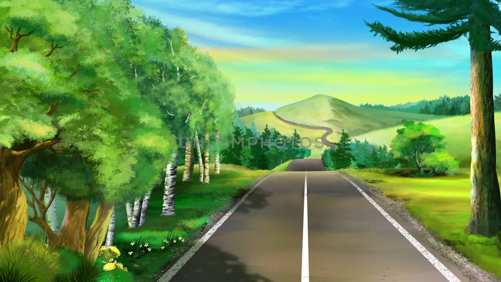Digital painting of the long road to mountain.