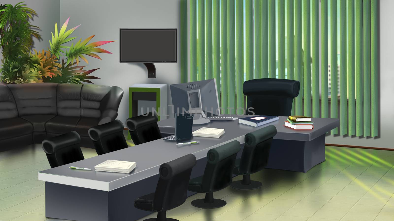 Digital painting of the Long grey table covered in computer and papers