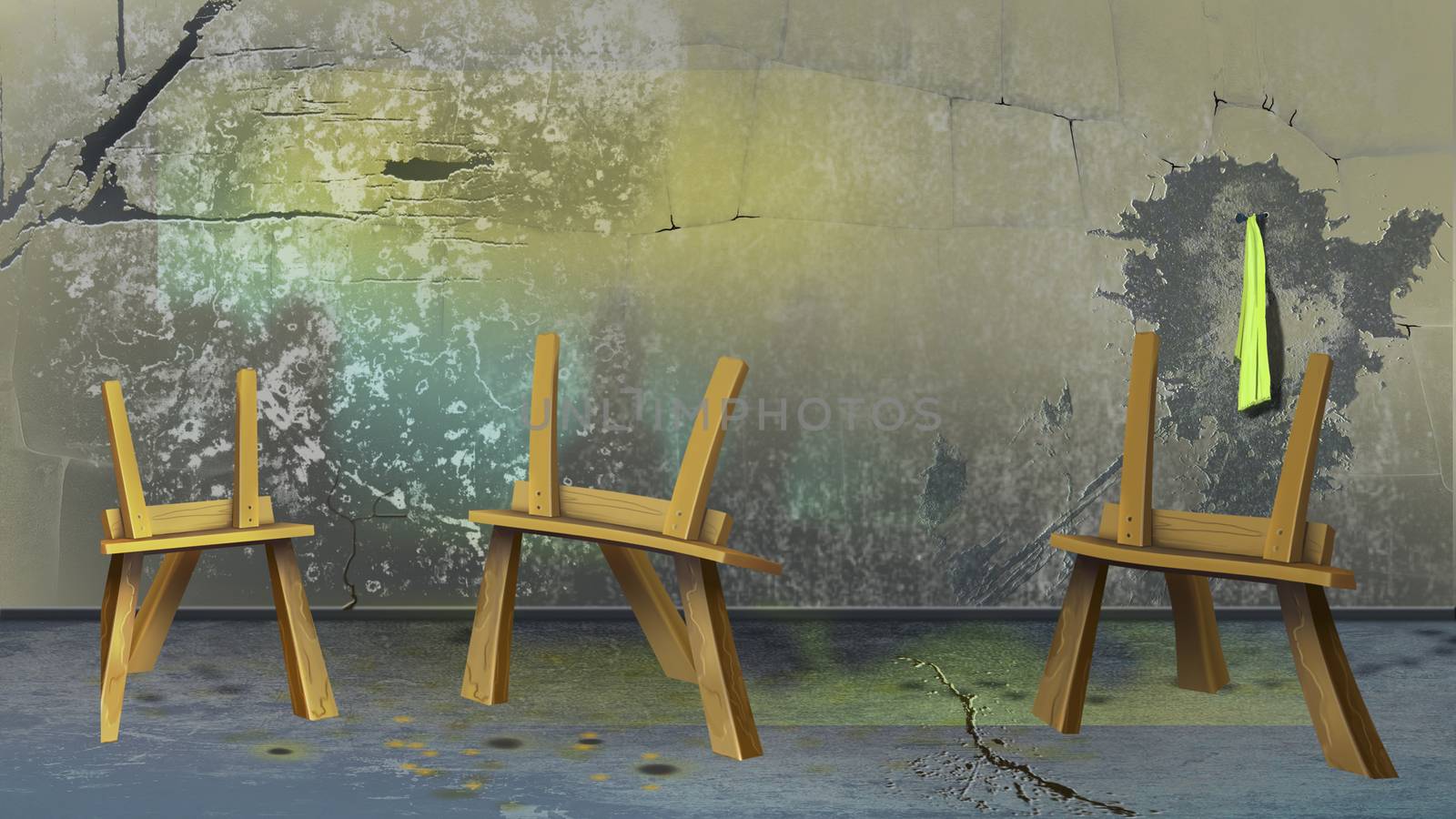 Digital painting of the Three easel near a dirty wall
