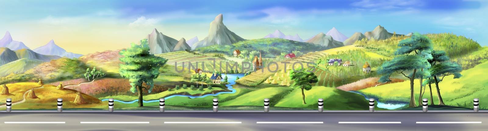 Digital painting of the view from the road with green meadows, trees and asphalt road