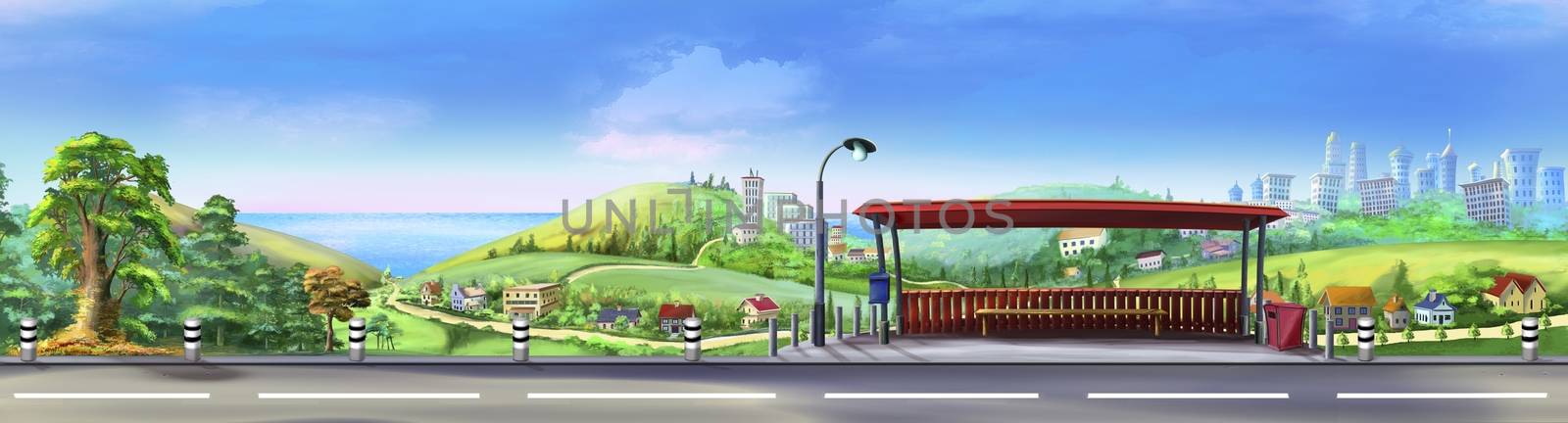 Digital painting of the view from the road with bus stop and asphalt road