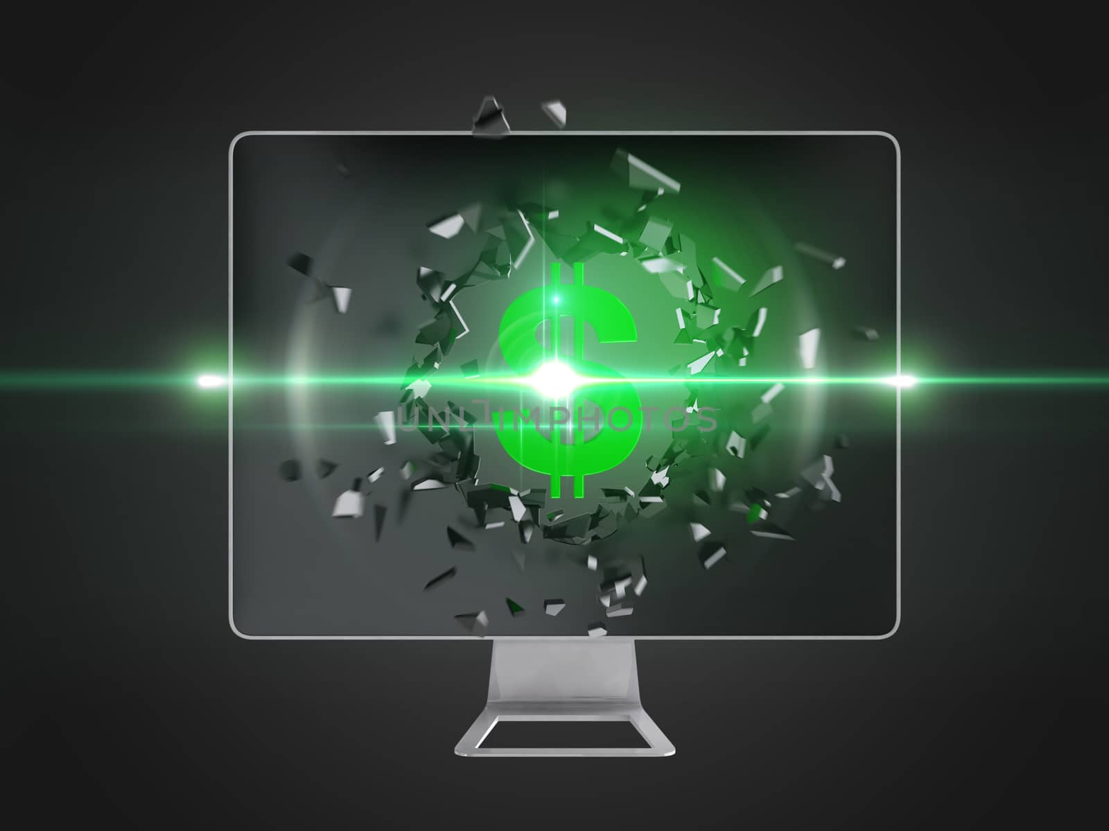 Green dollar sign destroy computer screen, technology background