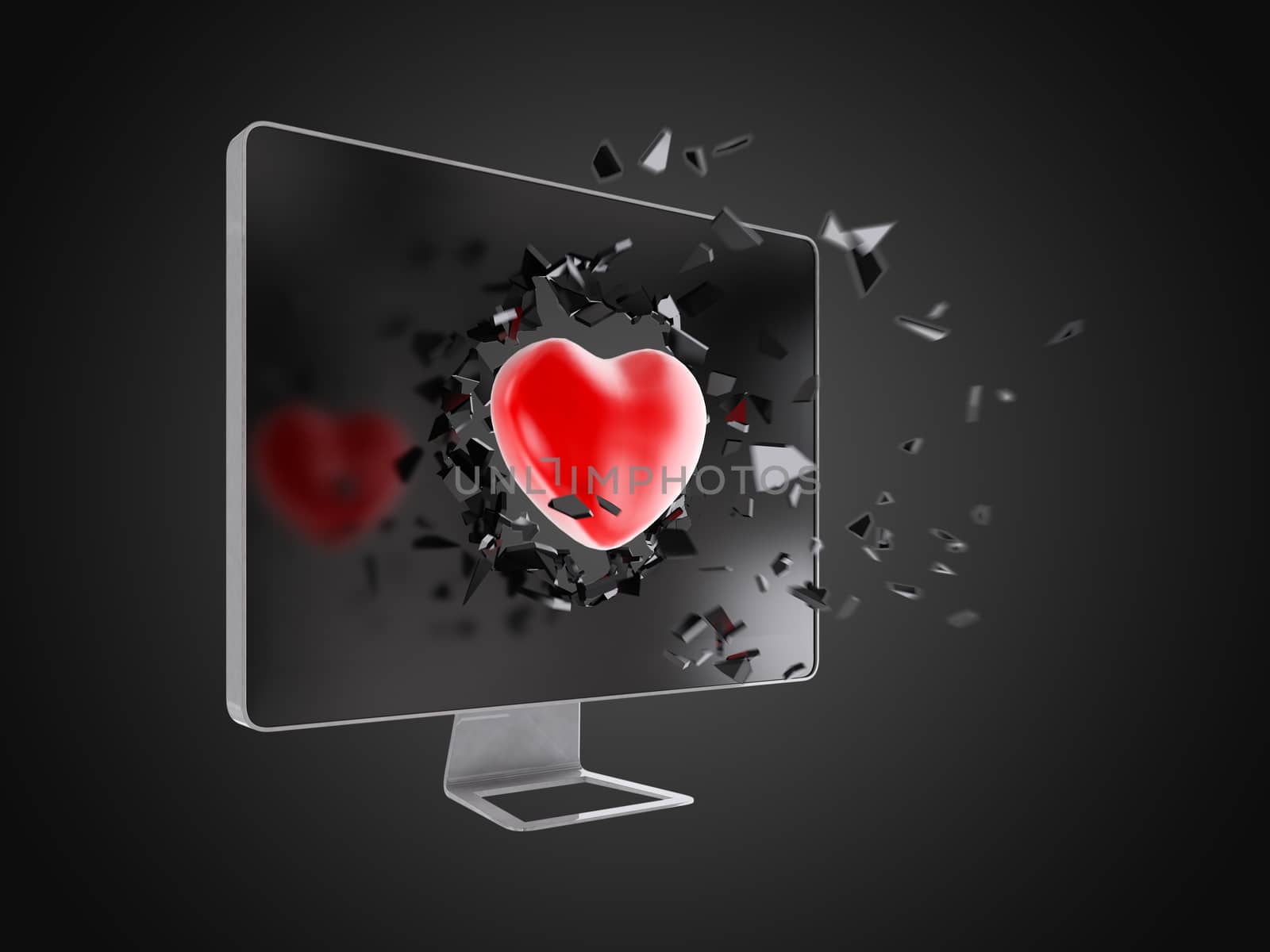 red heart destroy computer screen, technology background