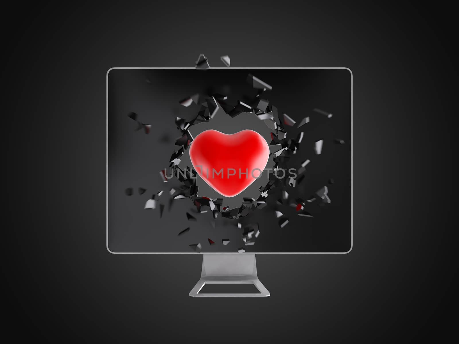 red heart destroy computer screen, technology background