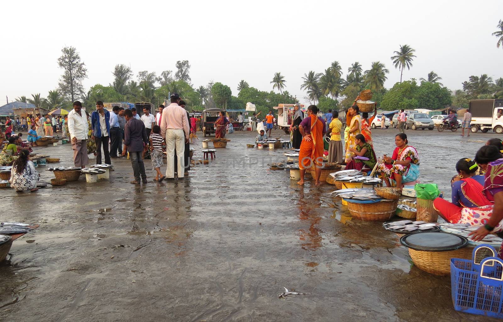 Local fisherman selling the fresh catch of their fish on an Indian beach.                               