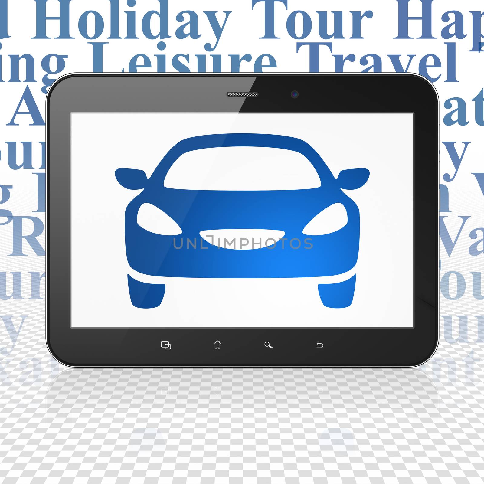 Vacation concept: Tablet Computer with  blue Car icon on display,  Tag Cloud background