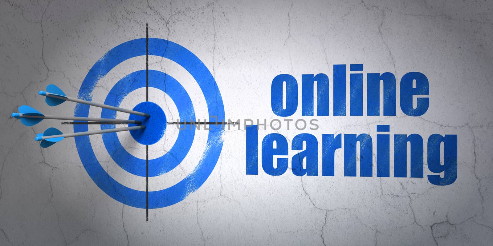 Success Studying concept: arrows hitting the center of target, Blue Online Learning on wall background