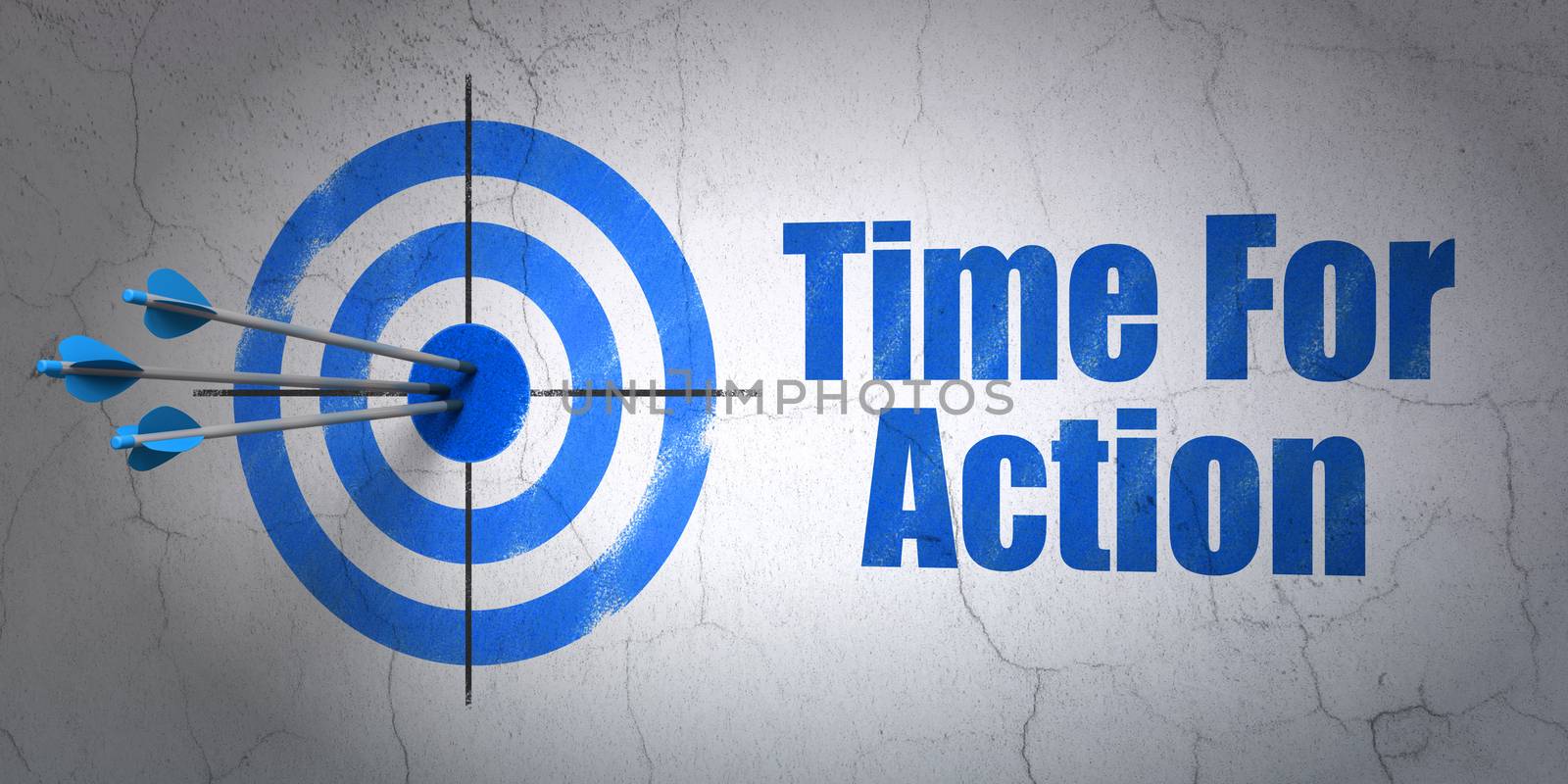 Success timeline concept: arrows hitting the center of target, Blue Time For Action on wall background