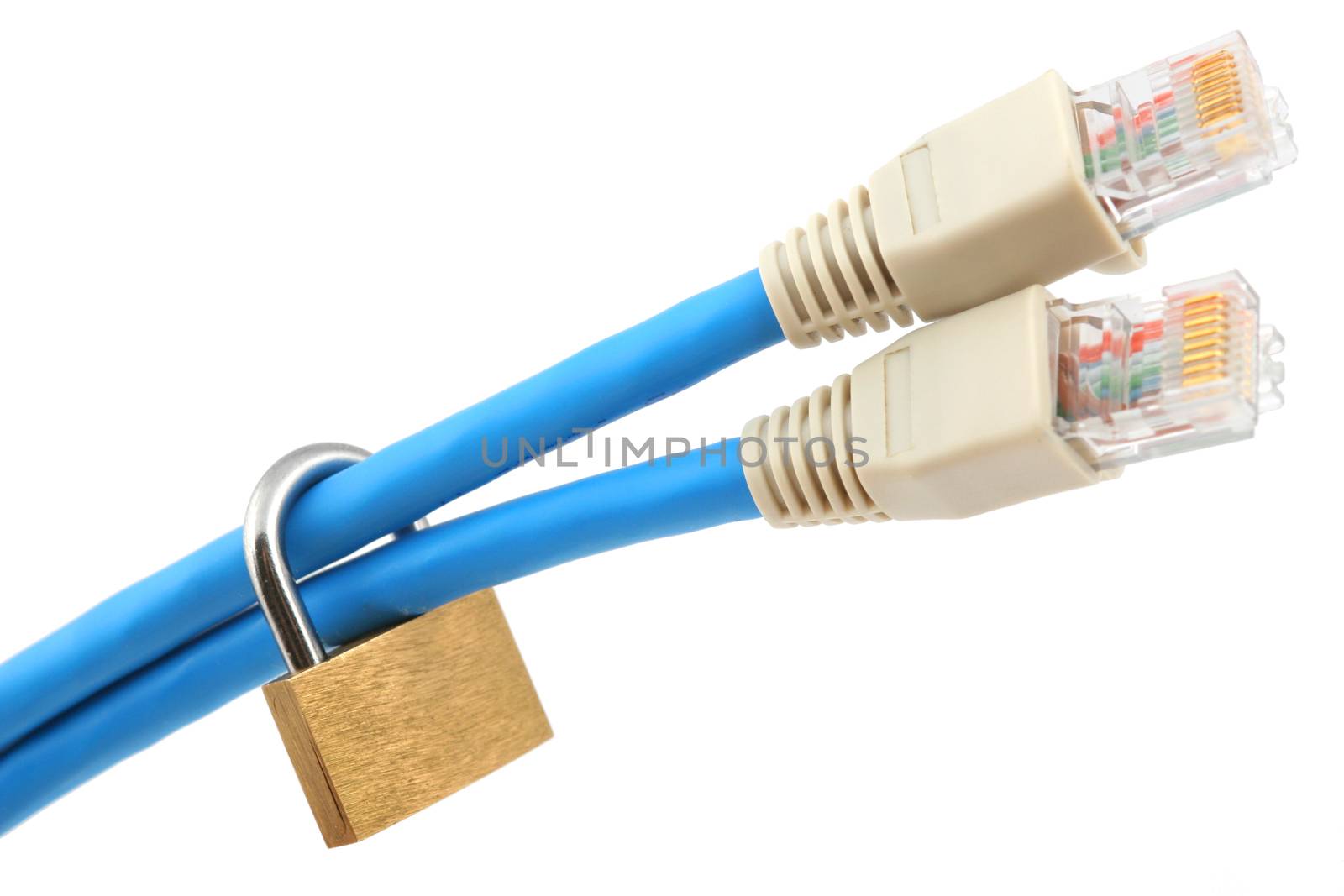 Two network cables secured with padlock (shallow DOF)