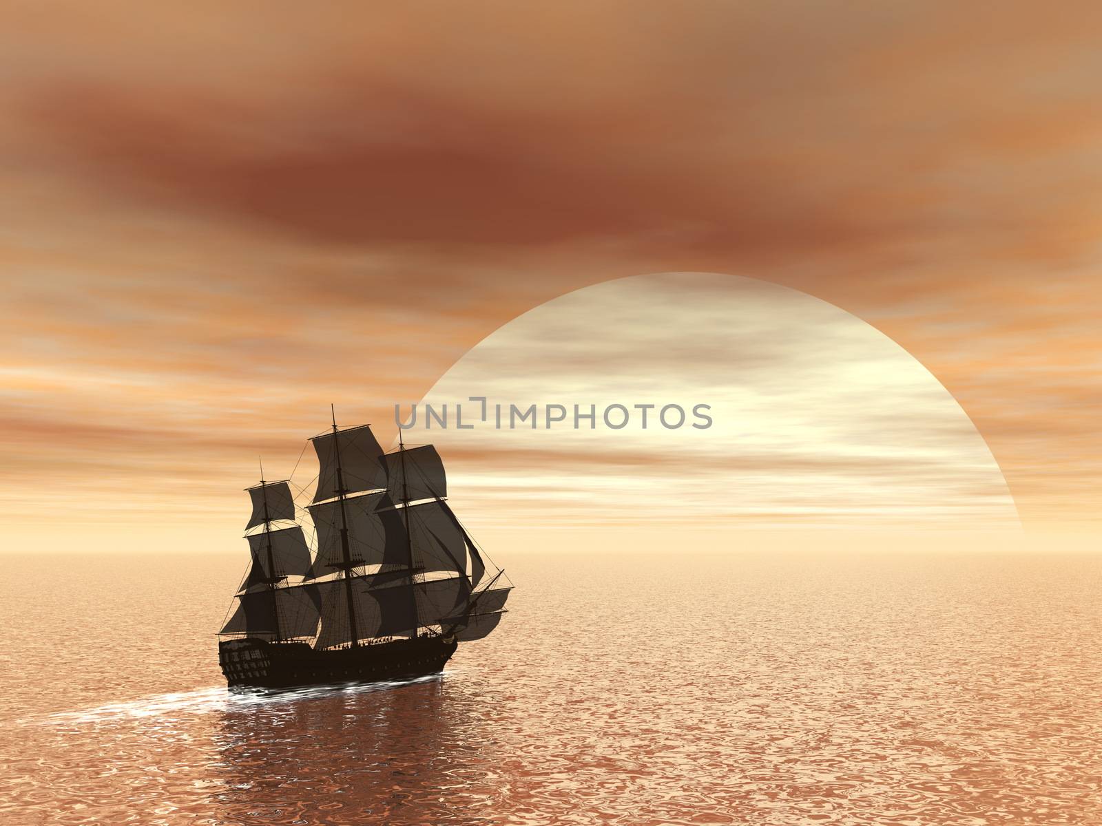 Beautiful old ship HSM Victory floating on the ocean by sunset - 3D render