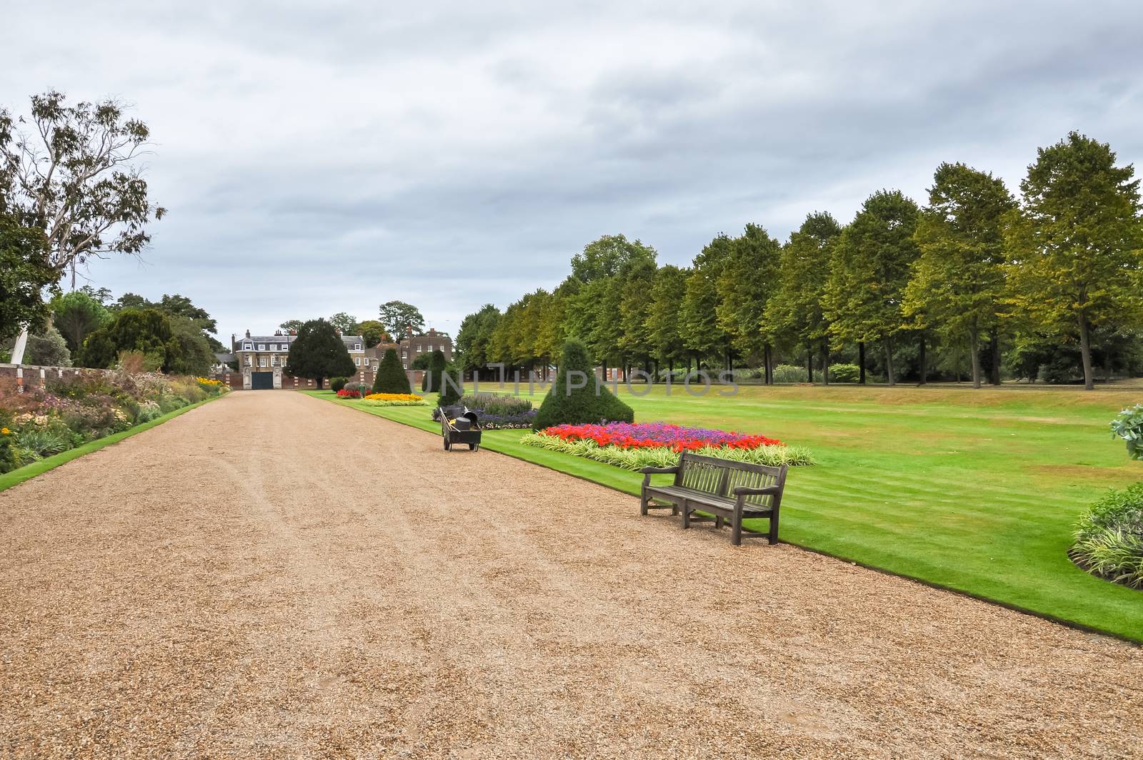 London, United Kingdom - AUGUST 26, 2009: View of beautiful alley in Hampton Court gardens. It was originally built for Cardinal Thomas Wolsey, a favorite of King Henry VIII.