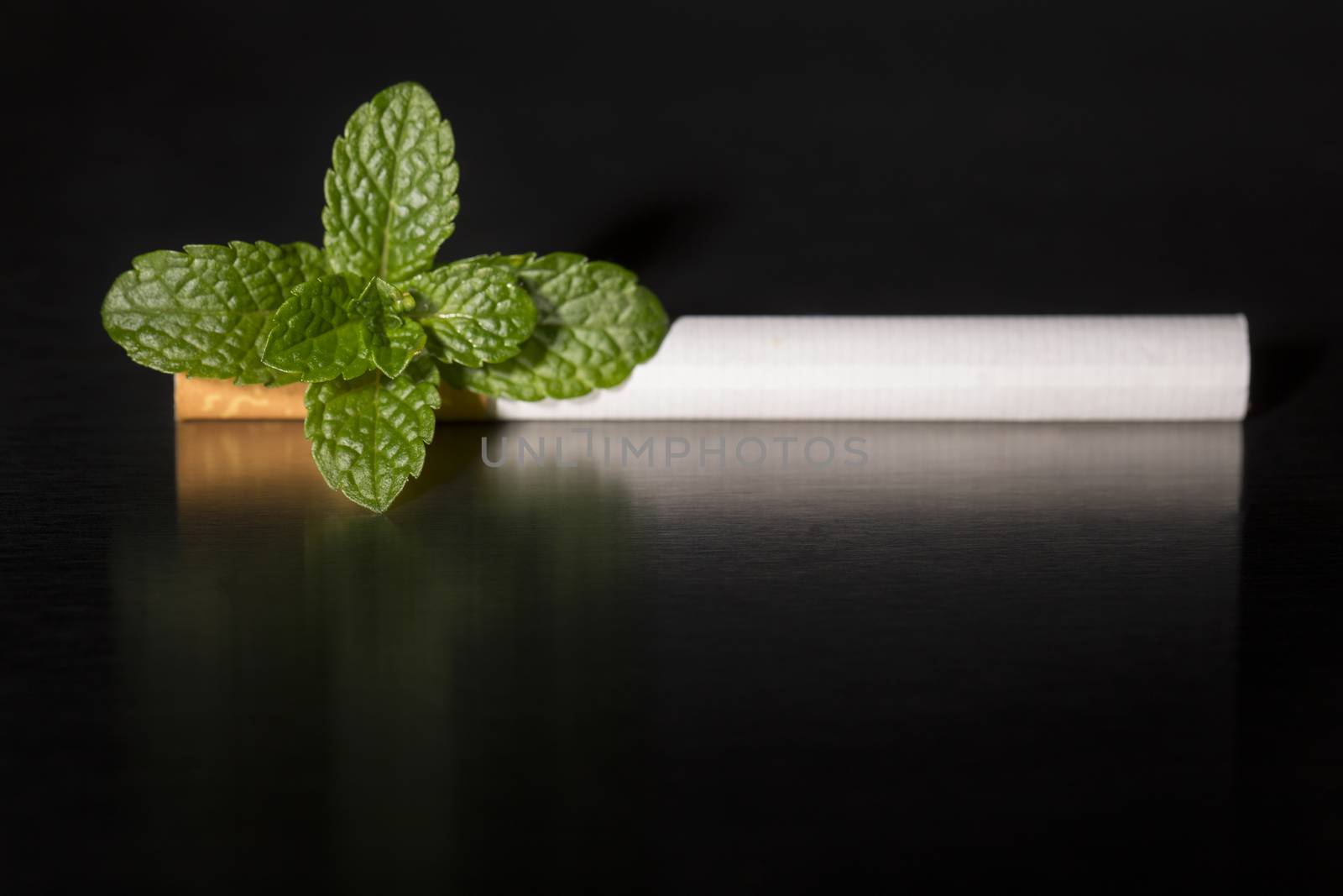 cigarette with fresh mint, on black background