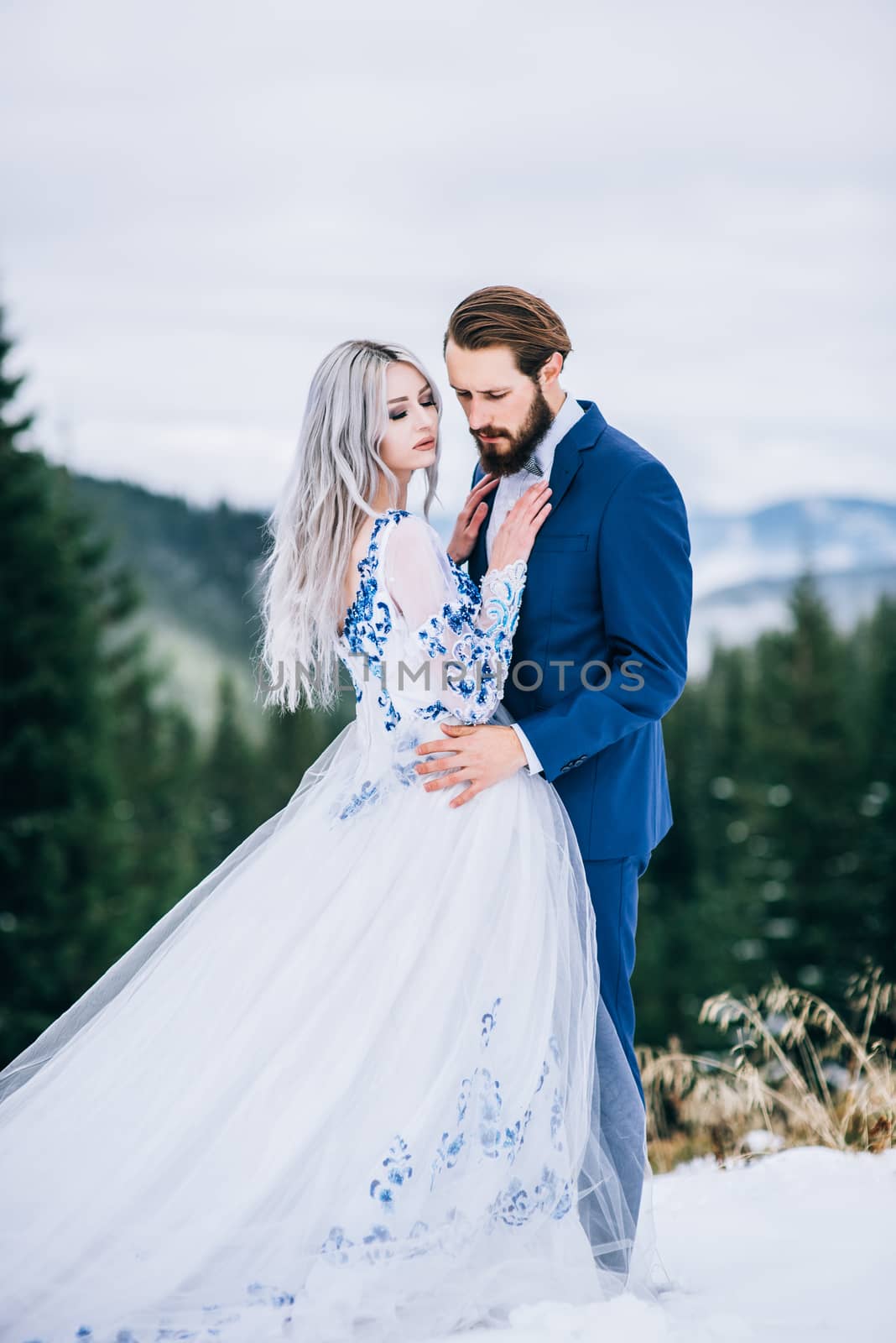 groom in a blue suit and bride in white, embroidered with blue pattern, dress on a background of green pine forests in the mountains of the Carpathians