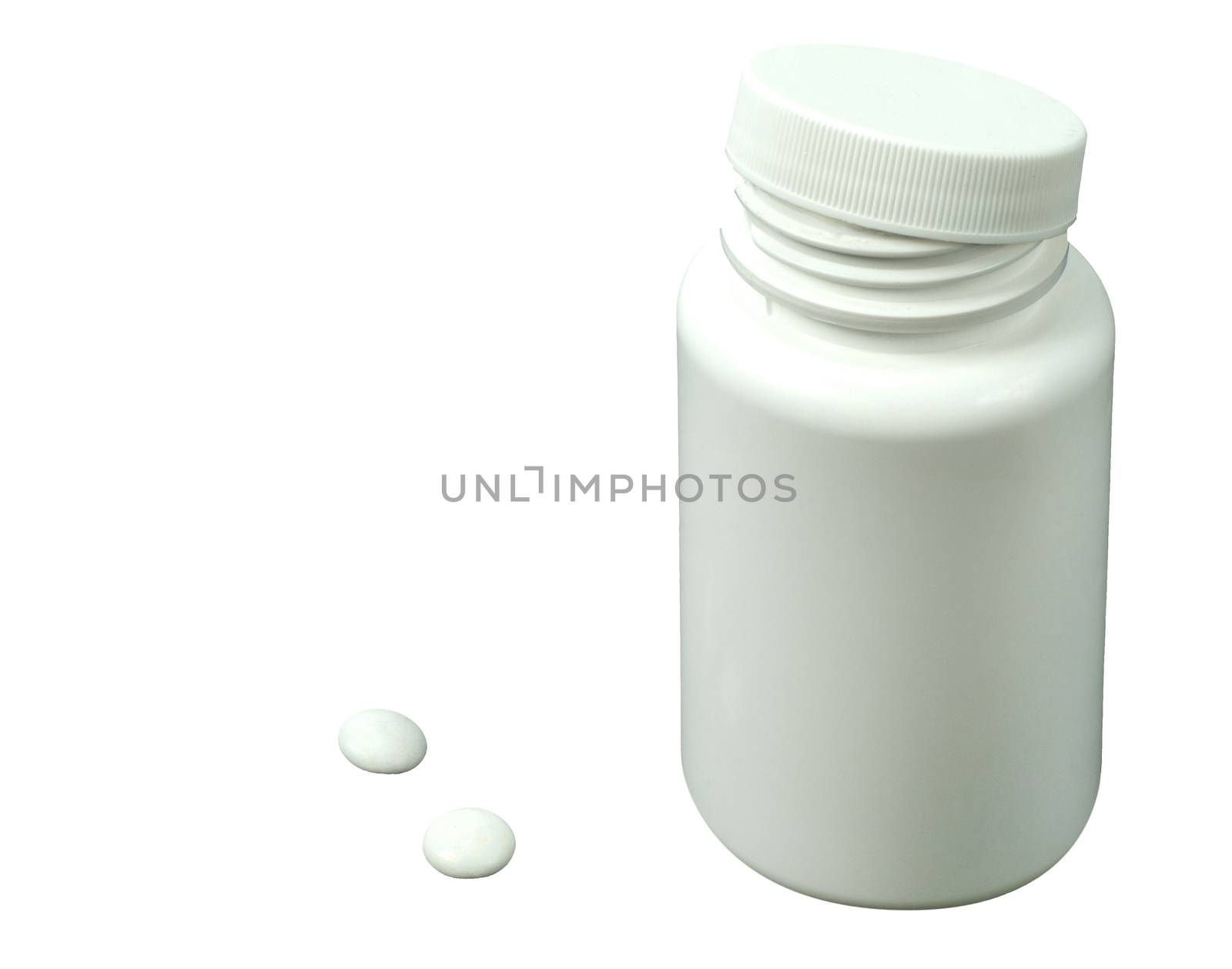 two white pills with white jar on a black background