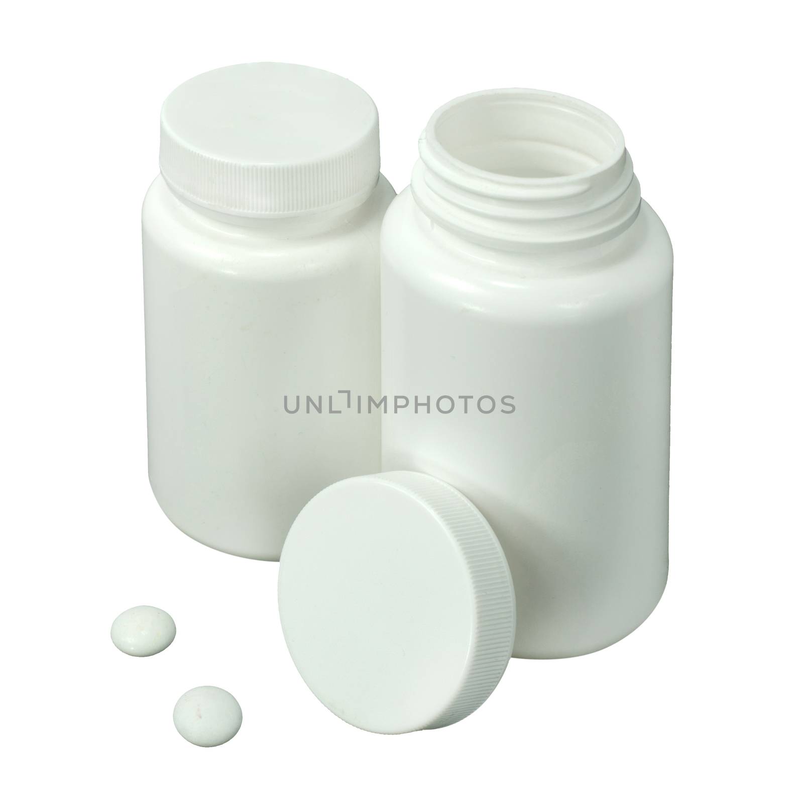 two white pills with two white jar on a white background
