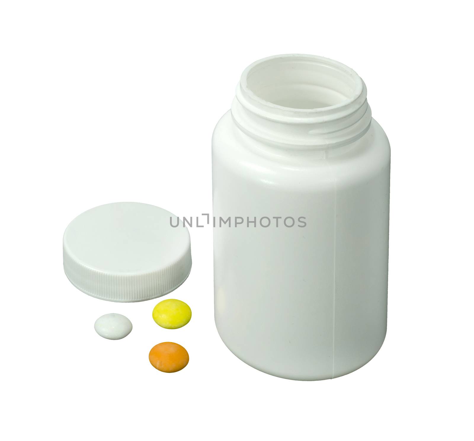 three pills of a different colors with white jar on a white background