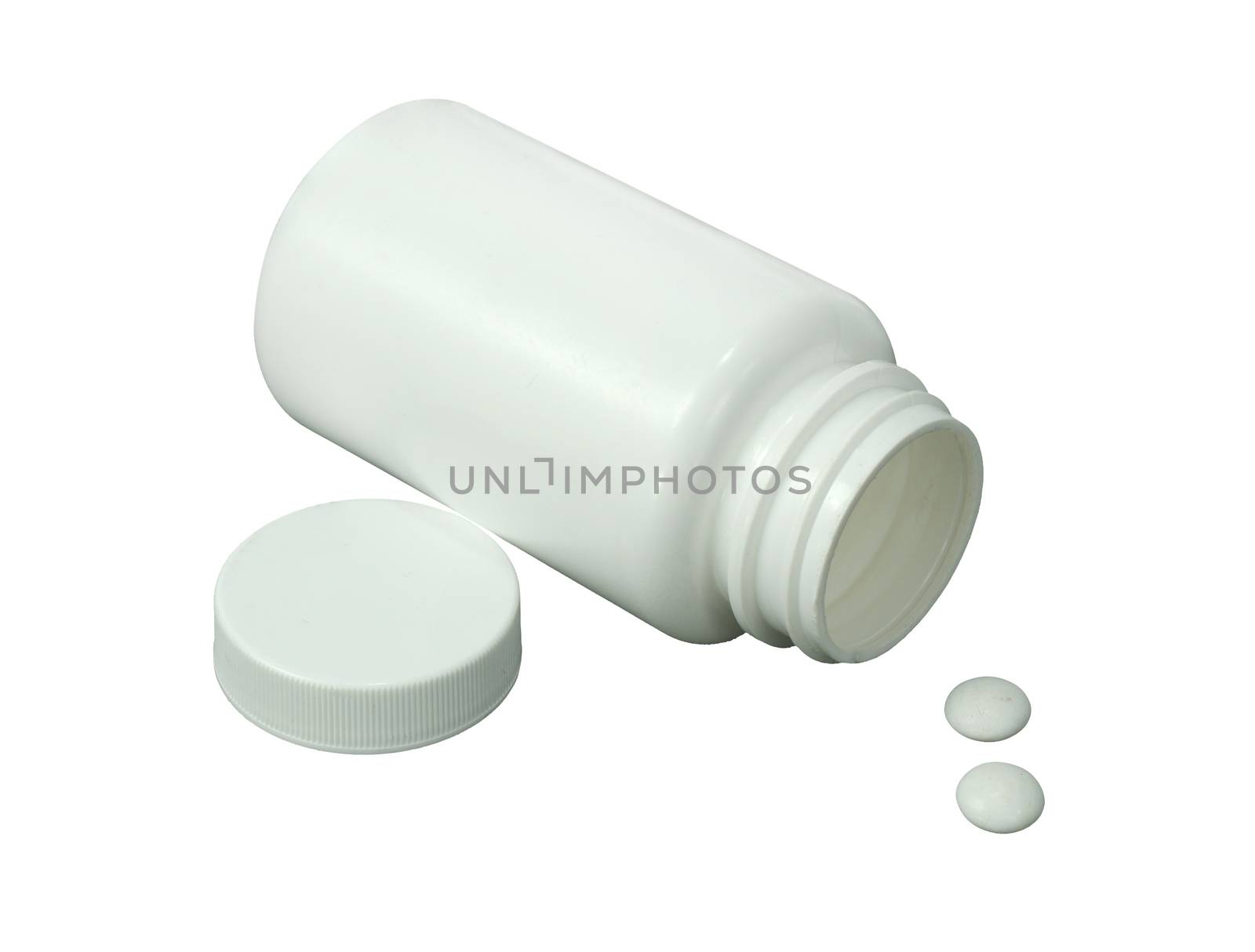 two white pills with white jar on a white background