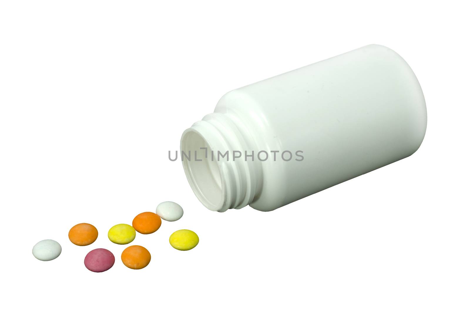 some pills of a different colors with white jar on a white background