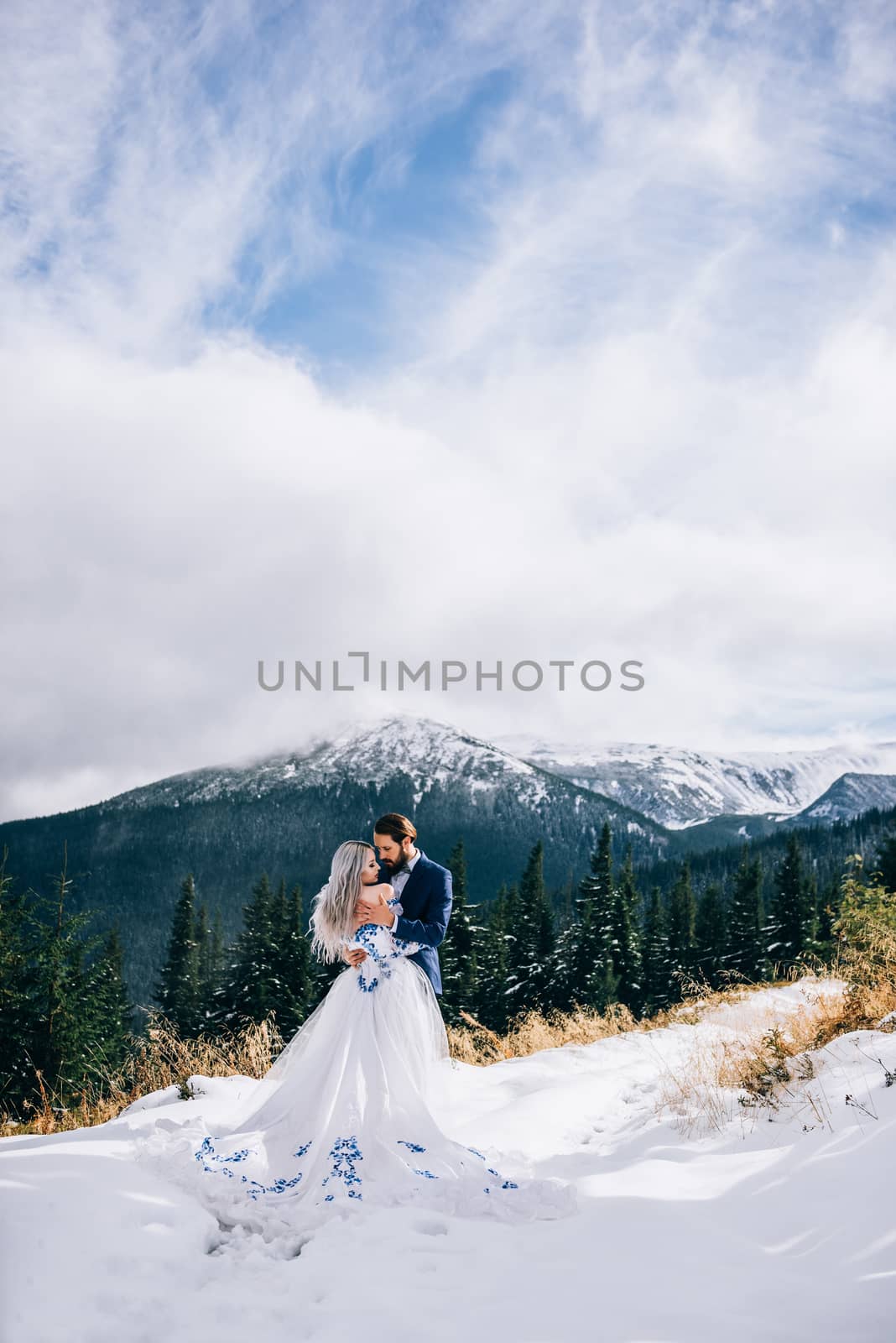 groom in a blue suit and bride in white, embroidered with blue pattern, dress on a background of green pine forests in the mountains of the Carpathians