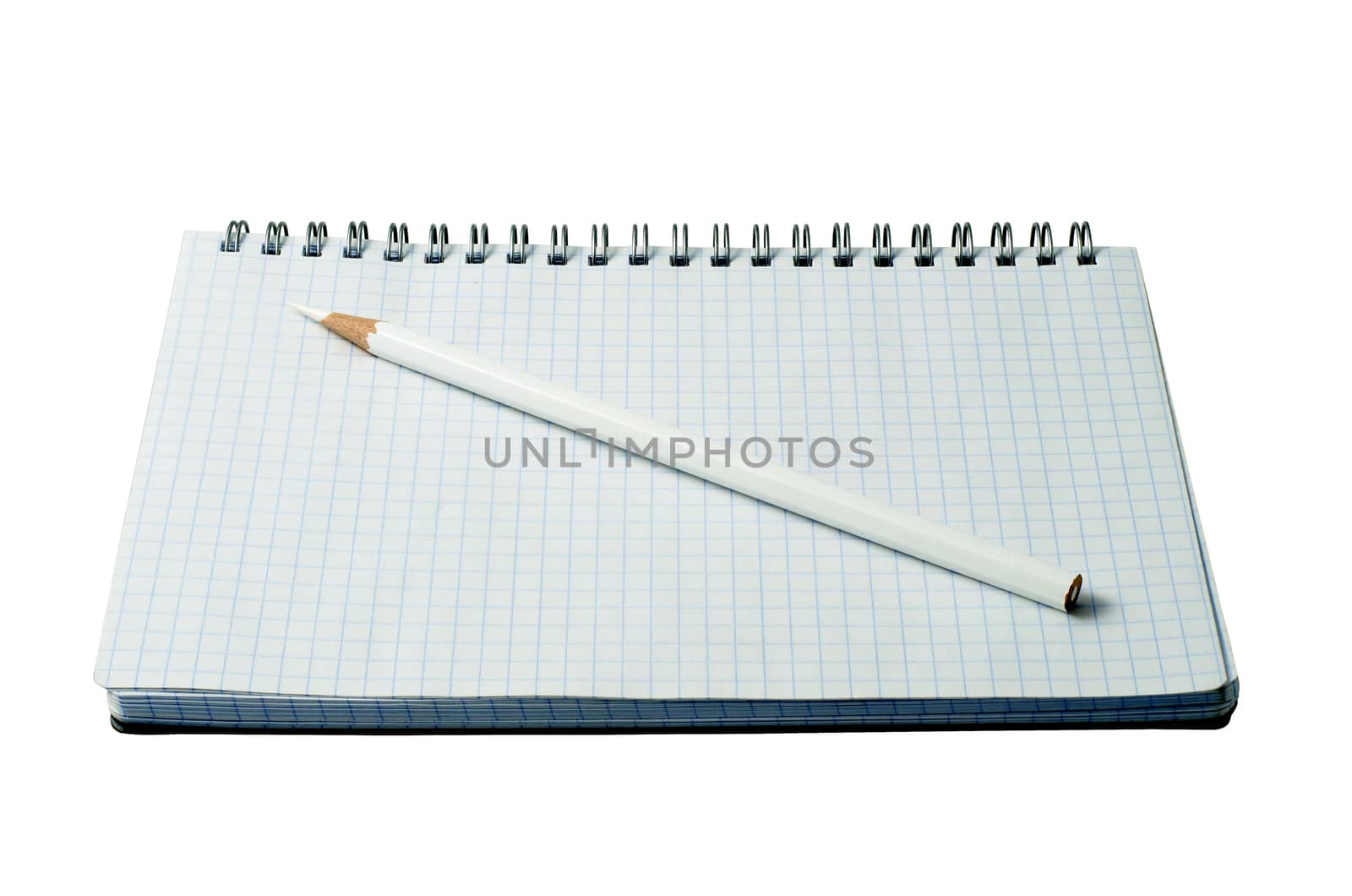open notebook with pencil on a white background