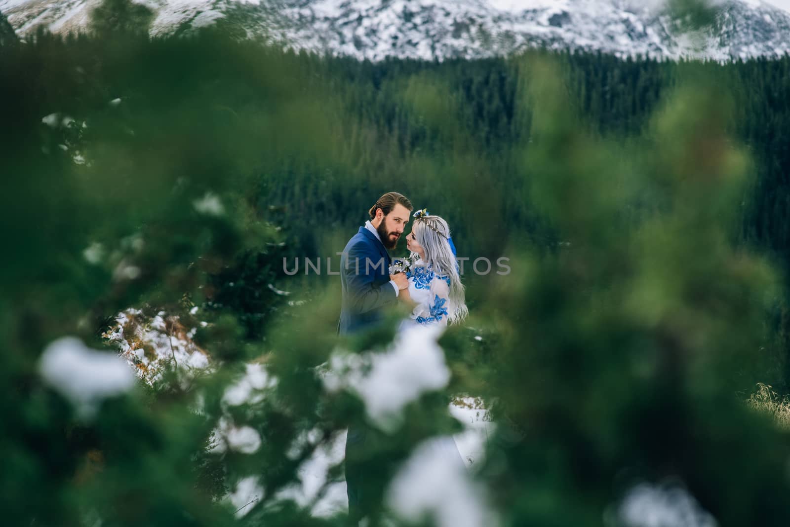 groom in a blue suit and bride in white, embroidered with blue pattern, dress on a background of green pine forests in the mountains of the Carpathians