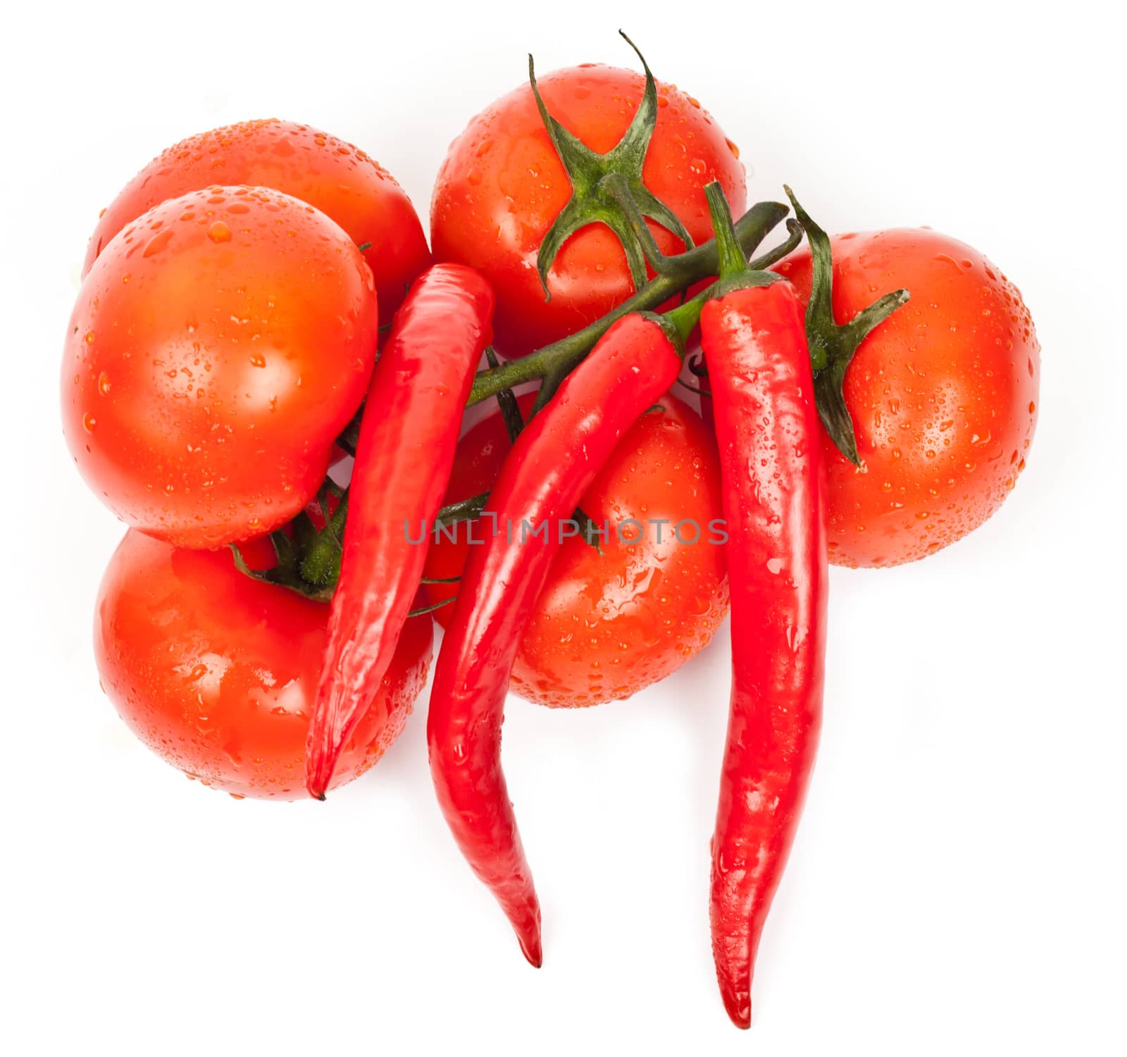 tomatoes and hot peppers on a white background