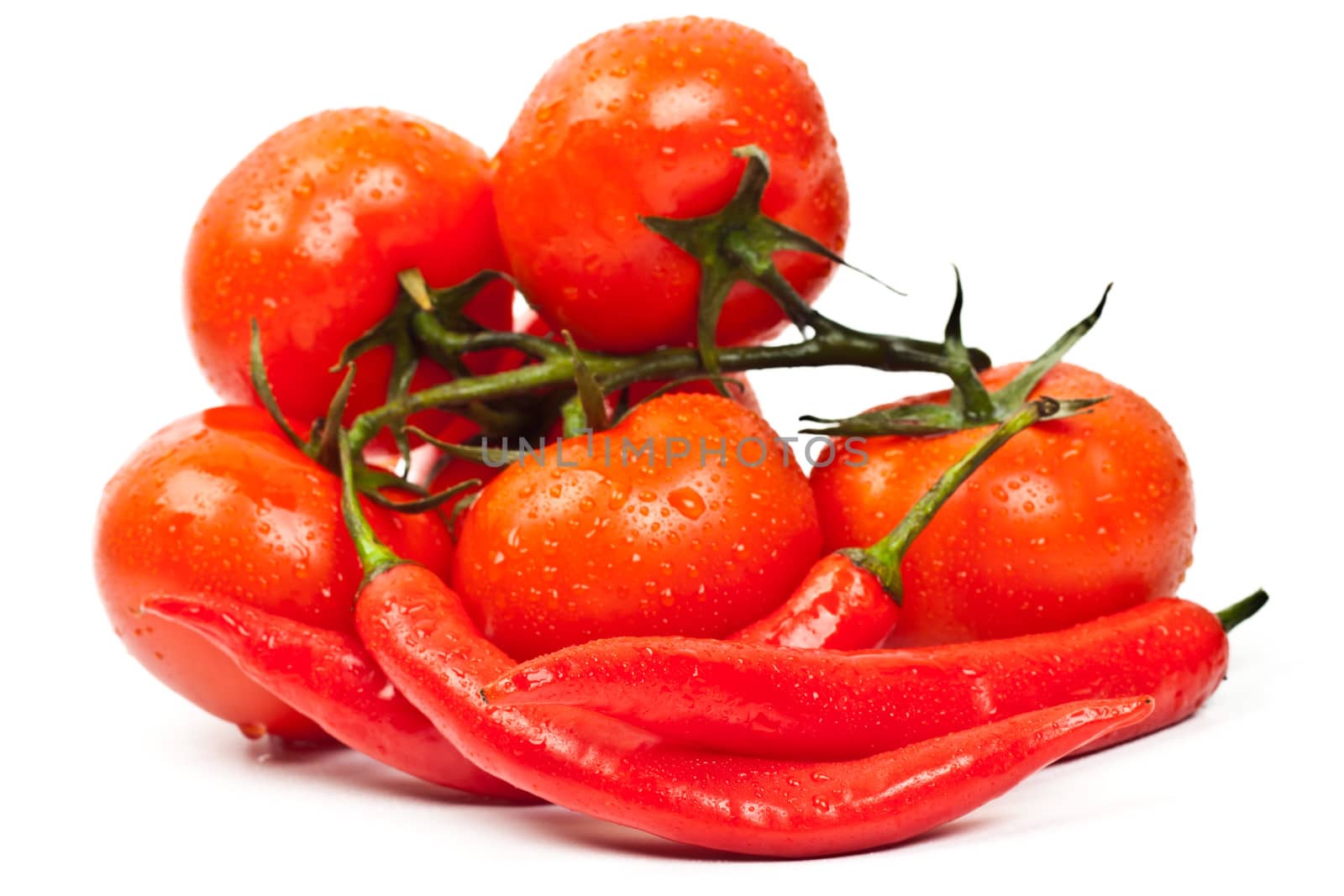 tomatoes and hot peppers on a white background