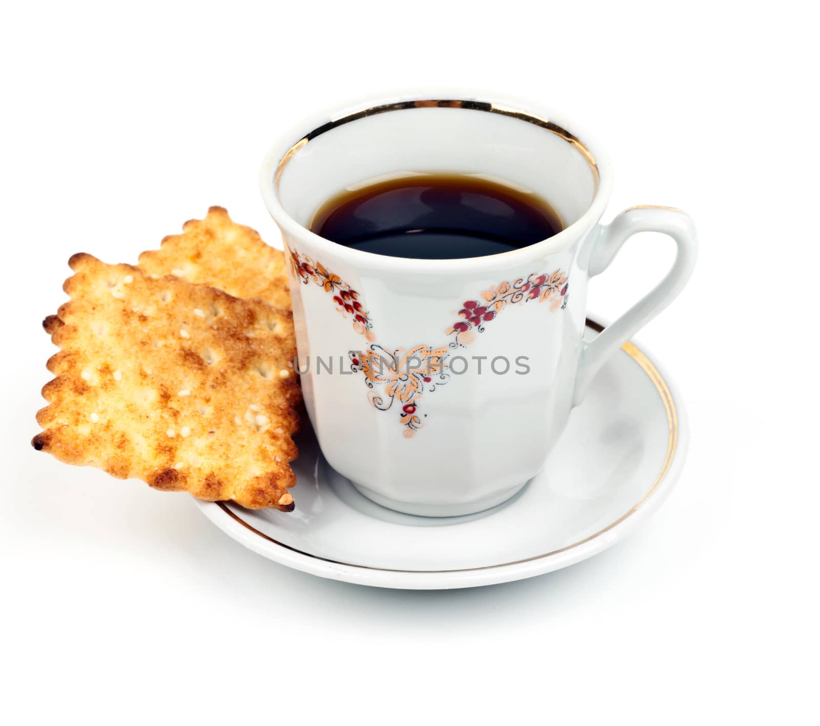 cup of coffee and cookies on a white background close-up