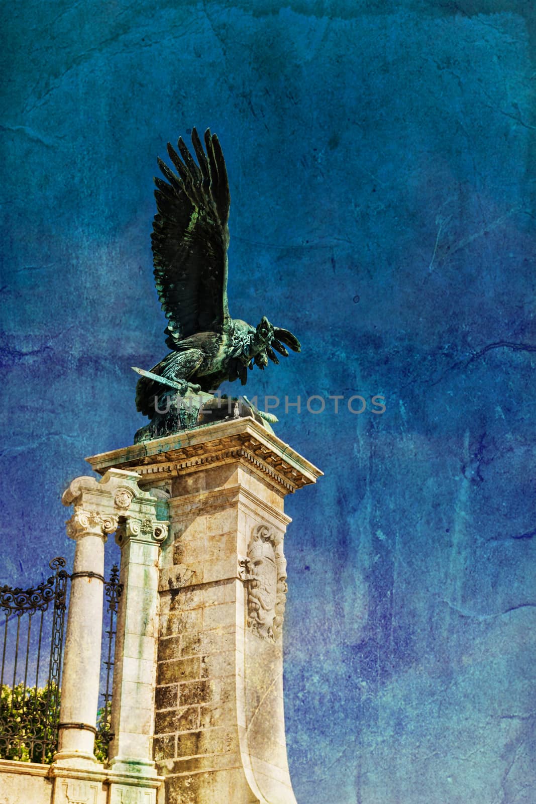 Buda Castle exterior ornate by a beautiful eagle statue in Budapest Hungary