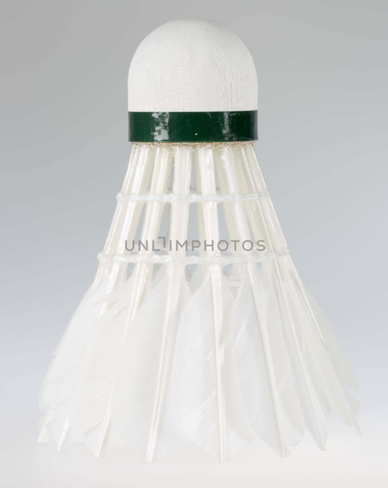 Feathered White Shuttlecock with grey background. Macro image.