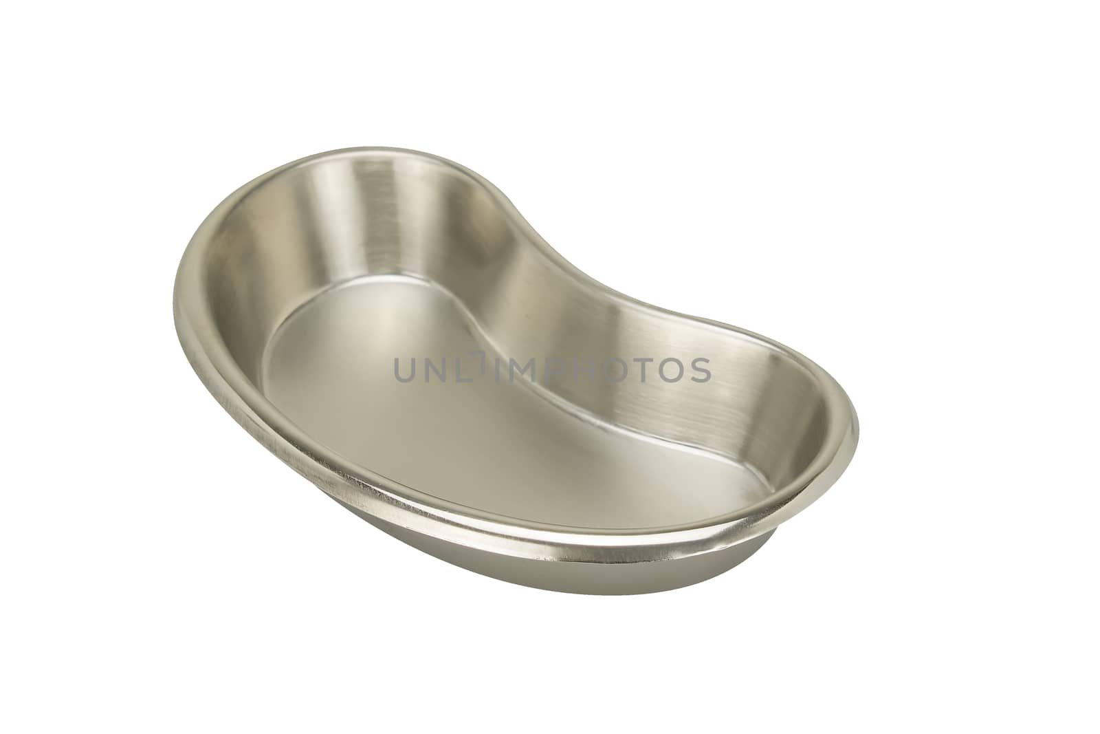 Stainless steel kidney-shaped bowl placed supine isolated on white background.