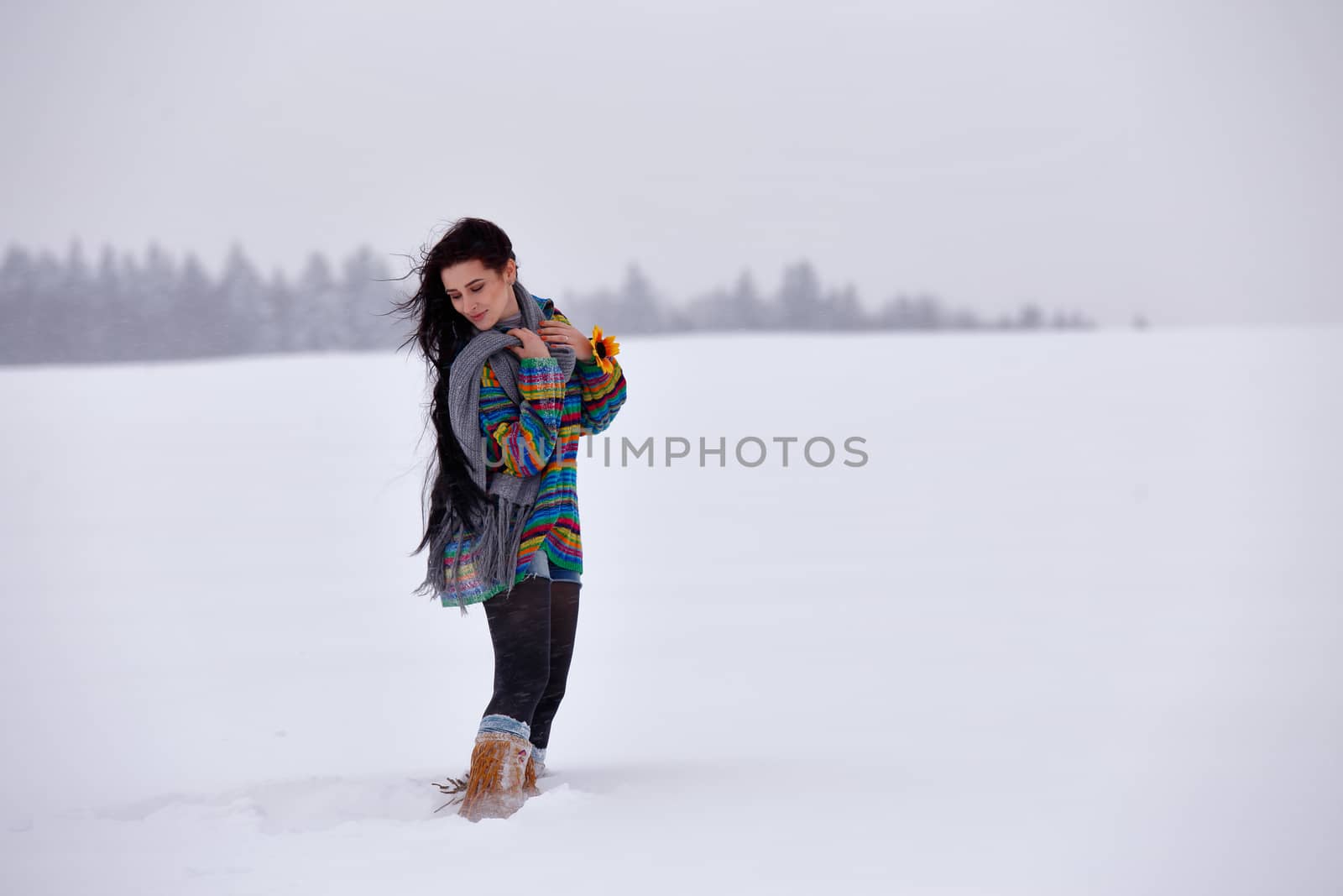 Beautiful girl in a sweater on a winter walk, Belarus